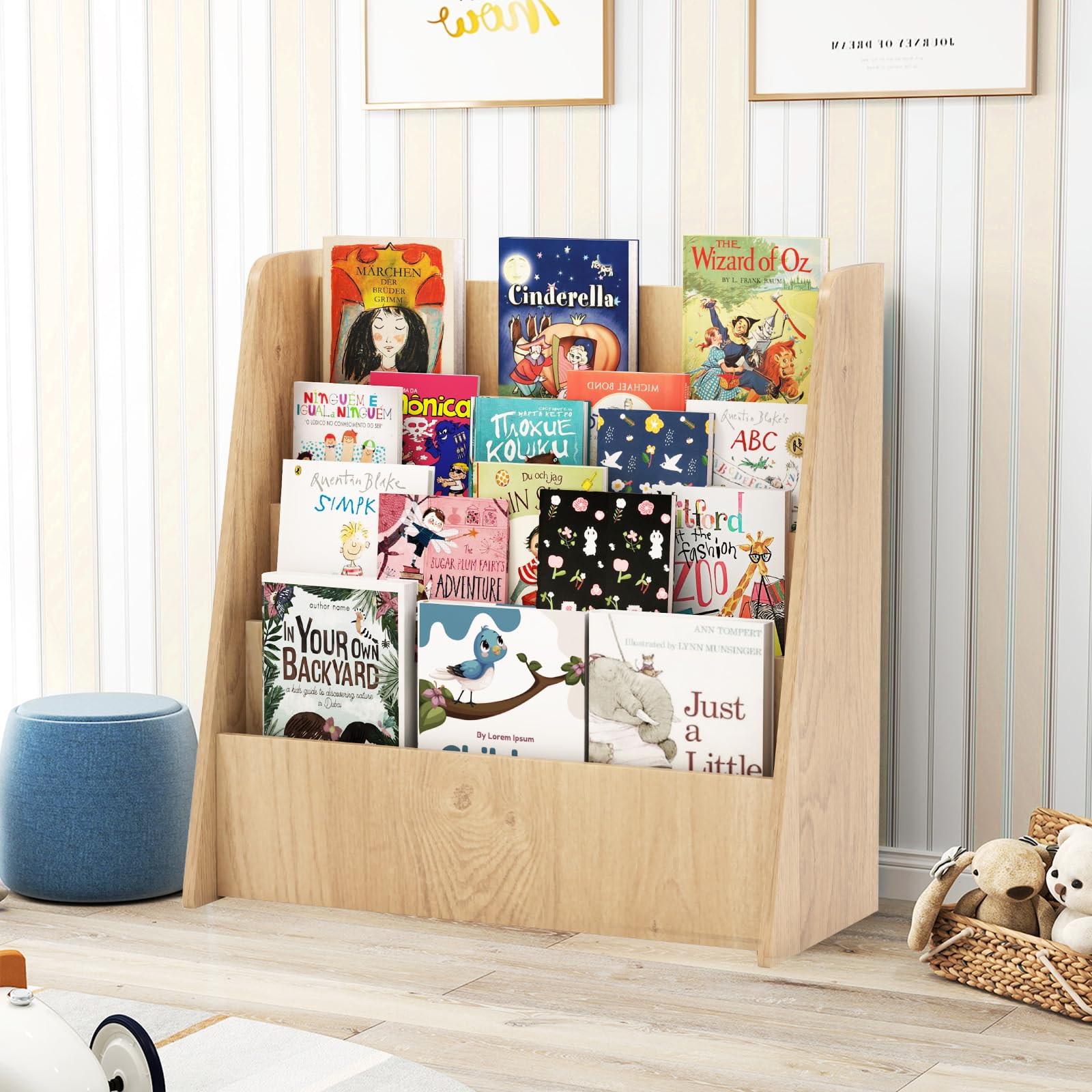 GYMAX Libreria per Bambini in Legno a 4 Ripiani, Scaffale per Libri con Ripiani Profondi, Espositore per Libri, per Cameretta dei Ragazzi, Soggiorno, Asilo Nido, 57,5 x 26,5 x 59 cm (Naturale)