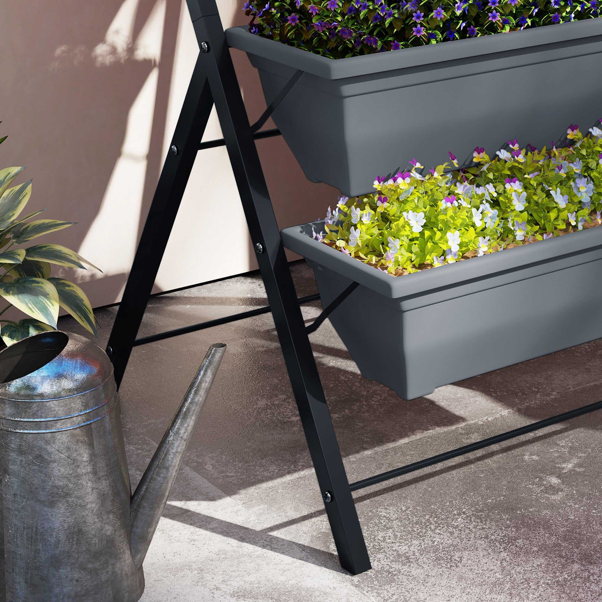 Outsunny Jardinière Surélevée avec Étages Verticale Cadre en Acier Gris | 5 Bacs à Fleurs, Trous de Drainage avec Bouchons en Caoutchouc, Escalier pour Plantes, Légumes, Herbes