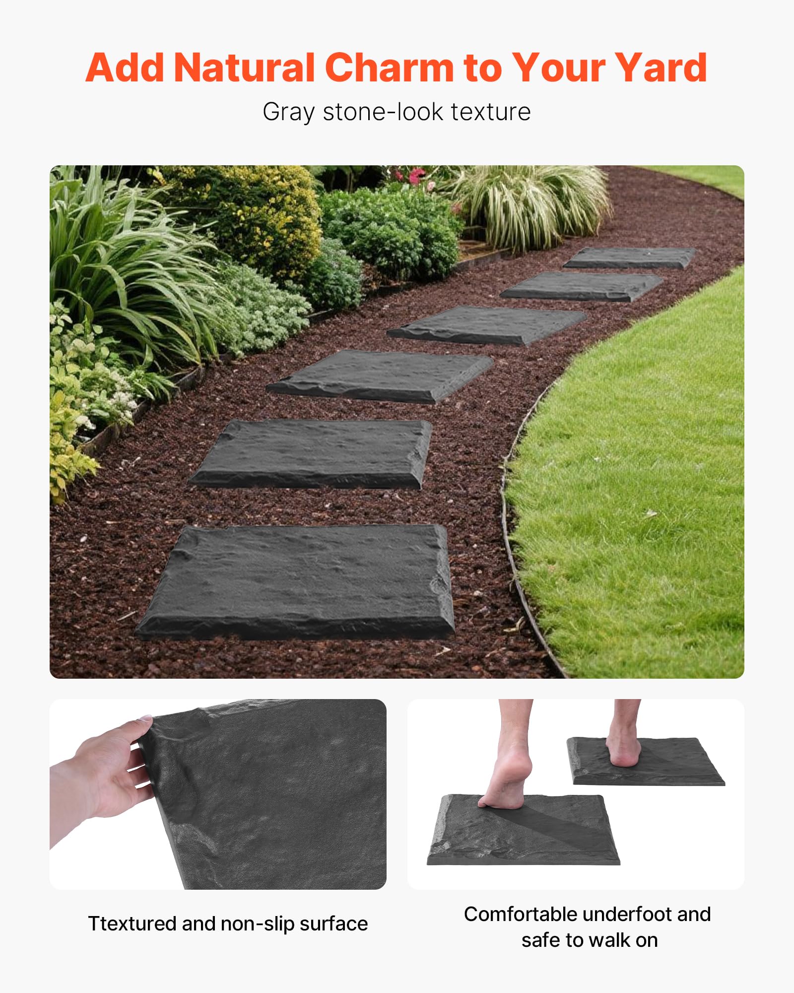 VEVOR Trittsteine Garten, 16 Stk., 395x395 mm, dekorative Gehwegplatte mit Pfählen, Kunststoff-Wegepflaster, Steinplatte aus PC+ABS-Harz, Steinoptik für Rasen, Terrassenlandschaft, Grau