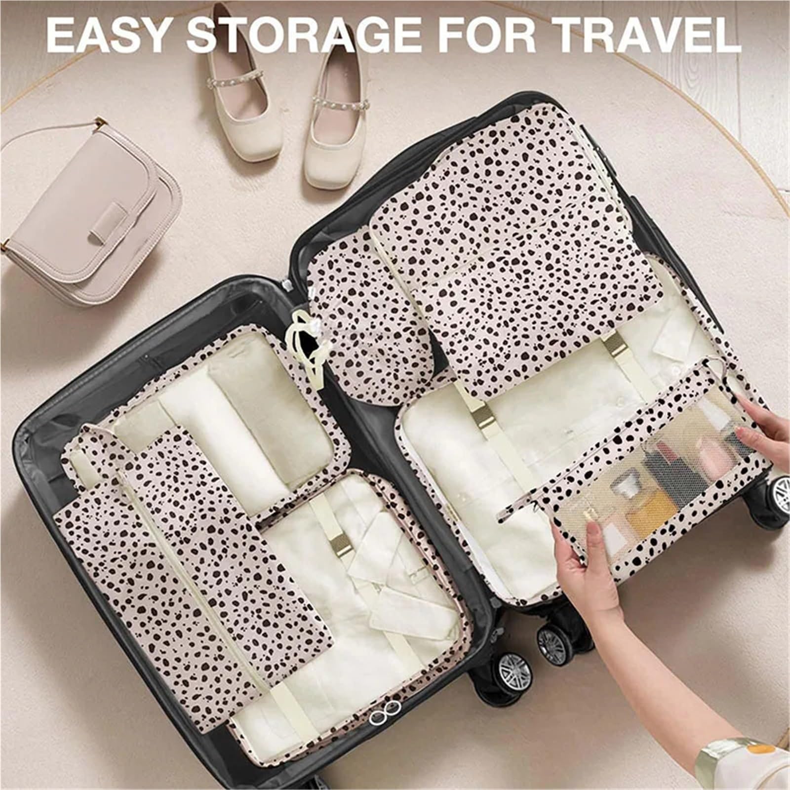 Set di 8 borse da viaggio, organizer portatile pieghevole for bagagli, for scarpe, vestiti, organizer for guardaroba, valigia Per Risparmiare Spazio Nella Valigia(Black white)