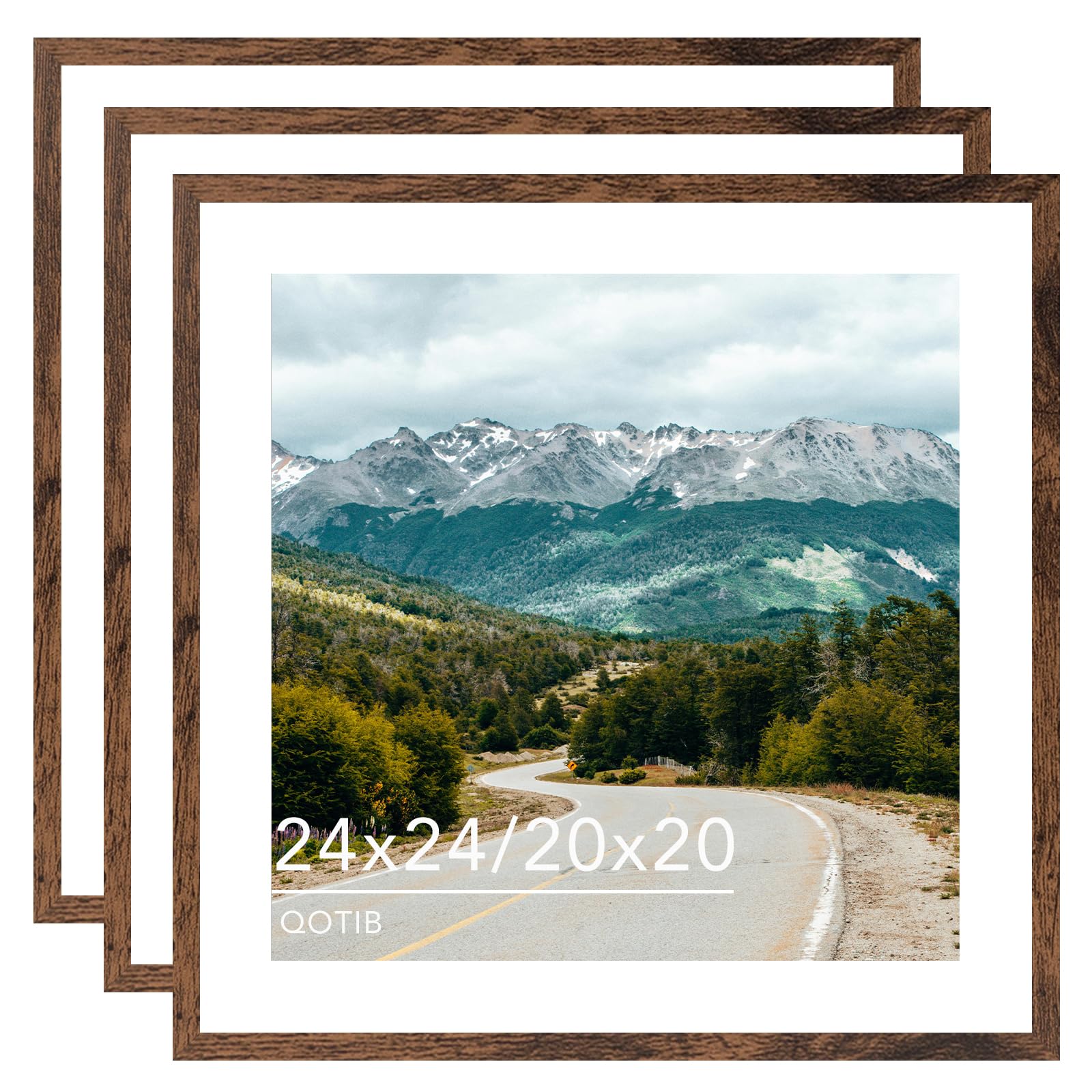QOTIB Wood 24x24 Picture Frame with 20x20 Mat Deep Brown, Display 20x20 with Mat or 24x24 without Mat, Wood 24 by 24 Photo Frame, 24 x 24 Frame for Wall Hanging Display, Deep Brown, 3 Pack — image 1