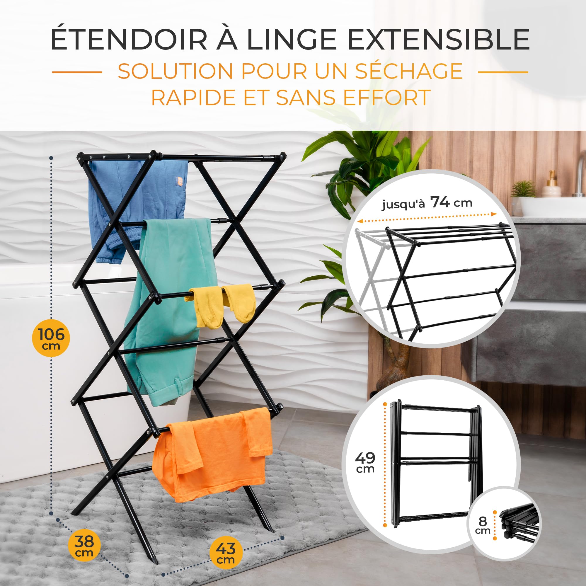 Etendoir Linge Interieur Pliable - Sechoir a Linge Extensible, Robuste & Peu encombrant, 6 Niveaux avec 11 Barres, Tour à Linge Pliable et Extensible, seche Linge Durable, Blanc