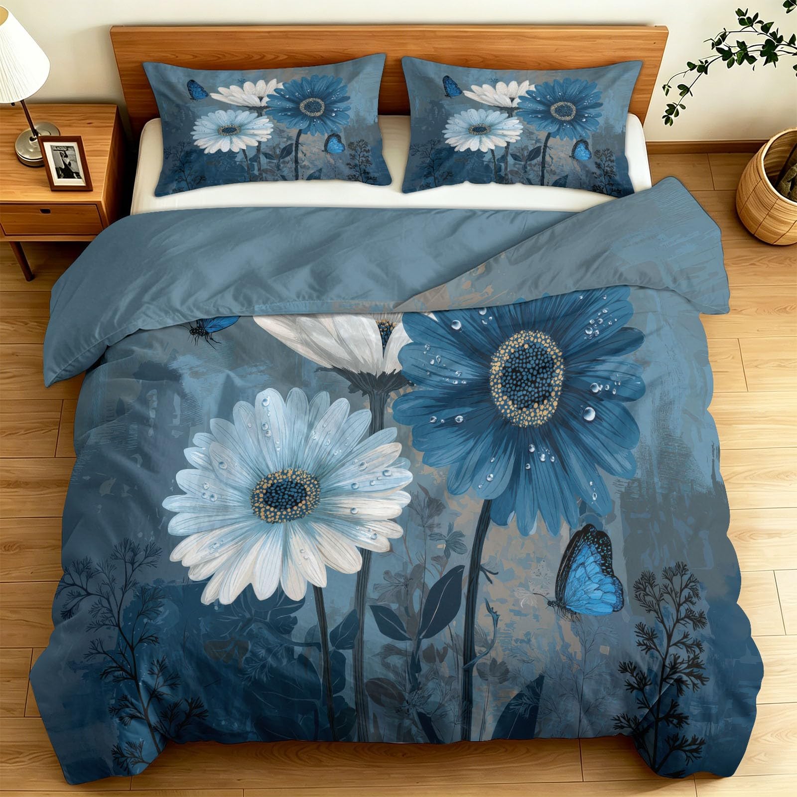 Biancheria da letto moderna in microfibra, 155 x 220 cm, motivo floreale e margherite, reversibile, traspirante, utilizzabile tutto l'anno, con 2 federe da 80 x 80 cm