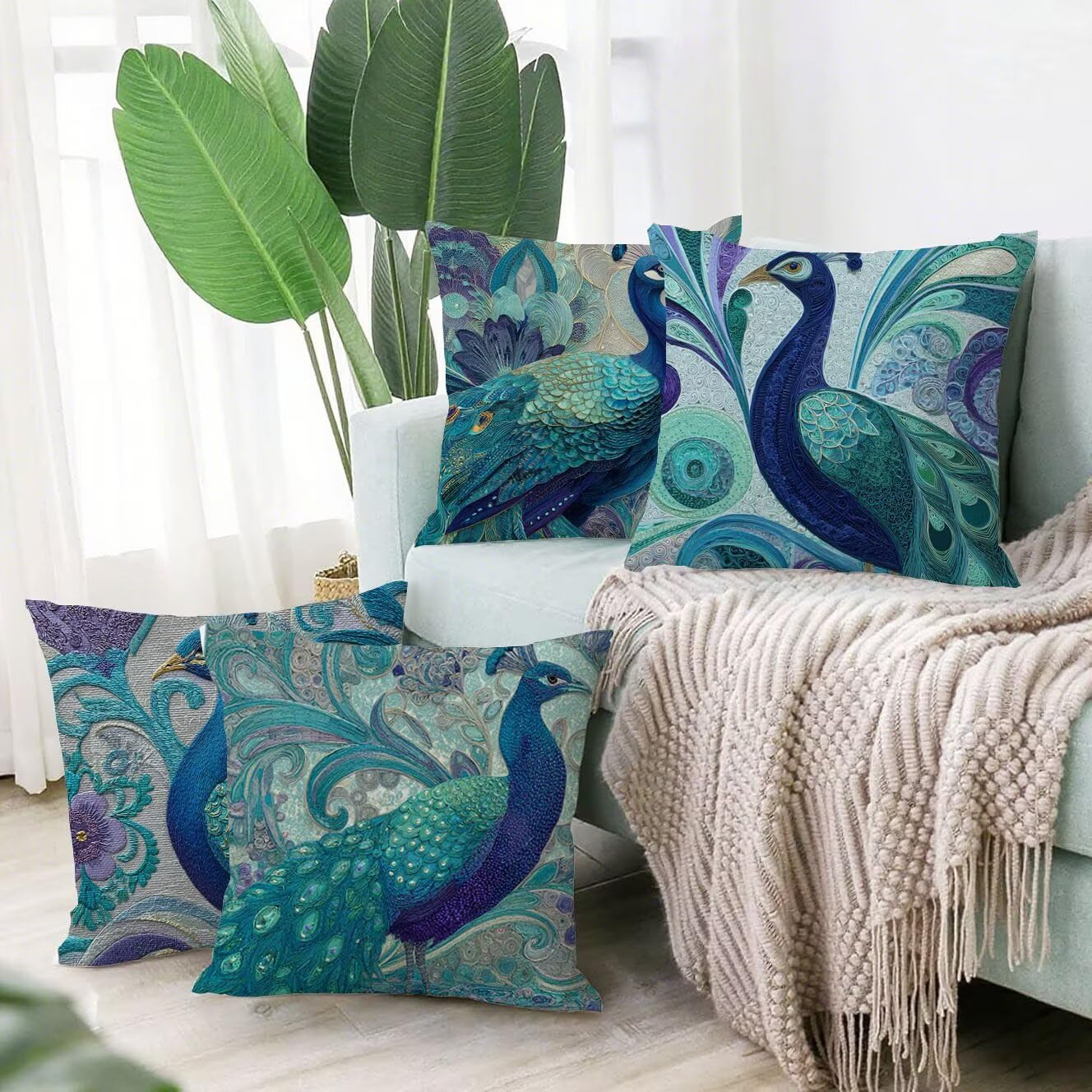 Housse Coussin 55x55 Le paon Taie d'oreiller, Lot de 4 Lin taie oreiller, Vert Carré oreiller pour décorative la maison O Festivals Cadeaux, Fermeture à glissière invisible, Lavable en machine. B-546