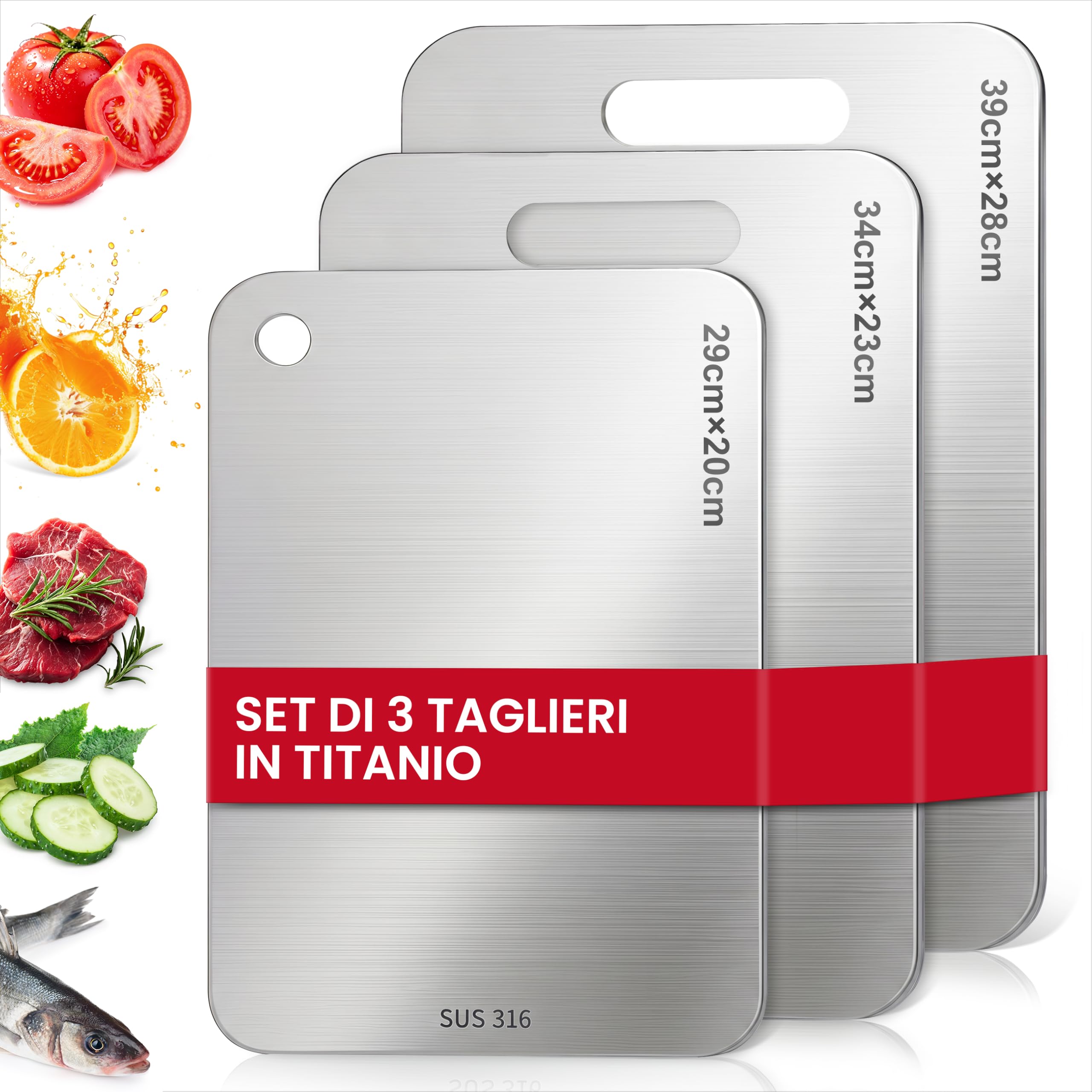 Titan Schneidebrett Set 3 Stück - S316 Edelstahl Schneidebrett, Titanium Cutting Board, Doppelseitiges Lebensmittel Grade Schneidebretts, Titanium Cutting Board für Fleisch, Obst,Gemüse