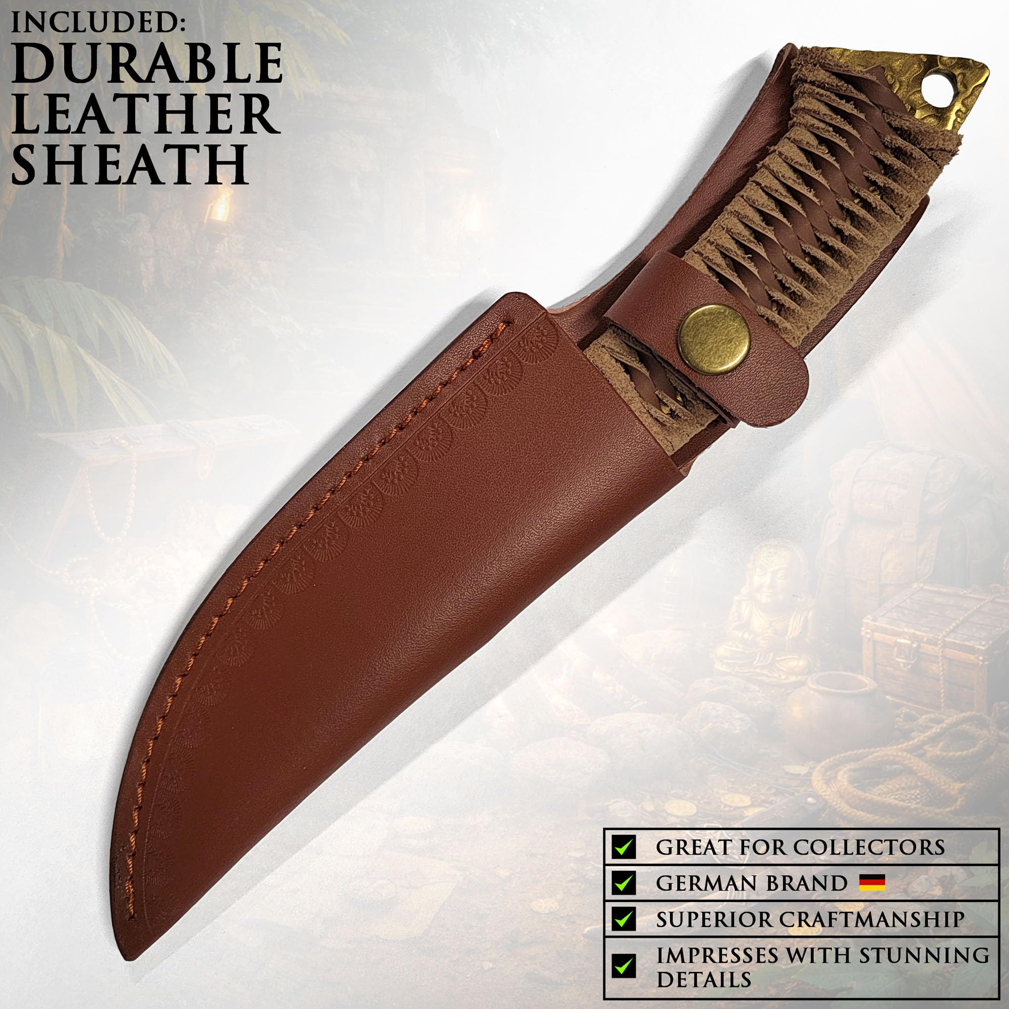 Swords and more Coltello da Caccia Forgiato a Mano Stile Celtico – Lama Dorata in Acciaio 7CR17MOV con Fodero in Pelle – Coltello a Lama Fissa Robusto ed Equilibrato