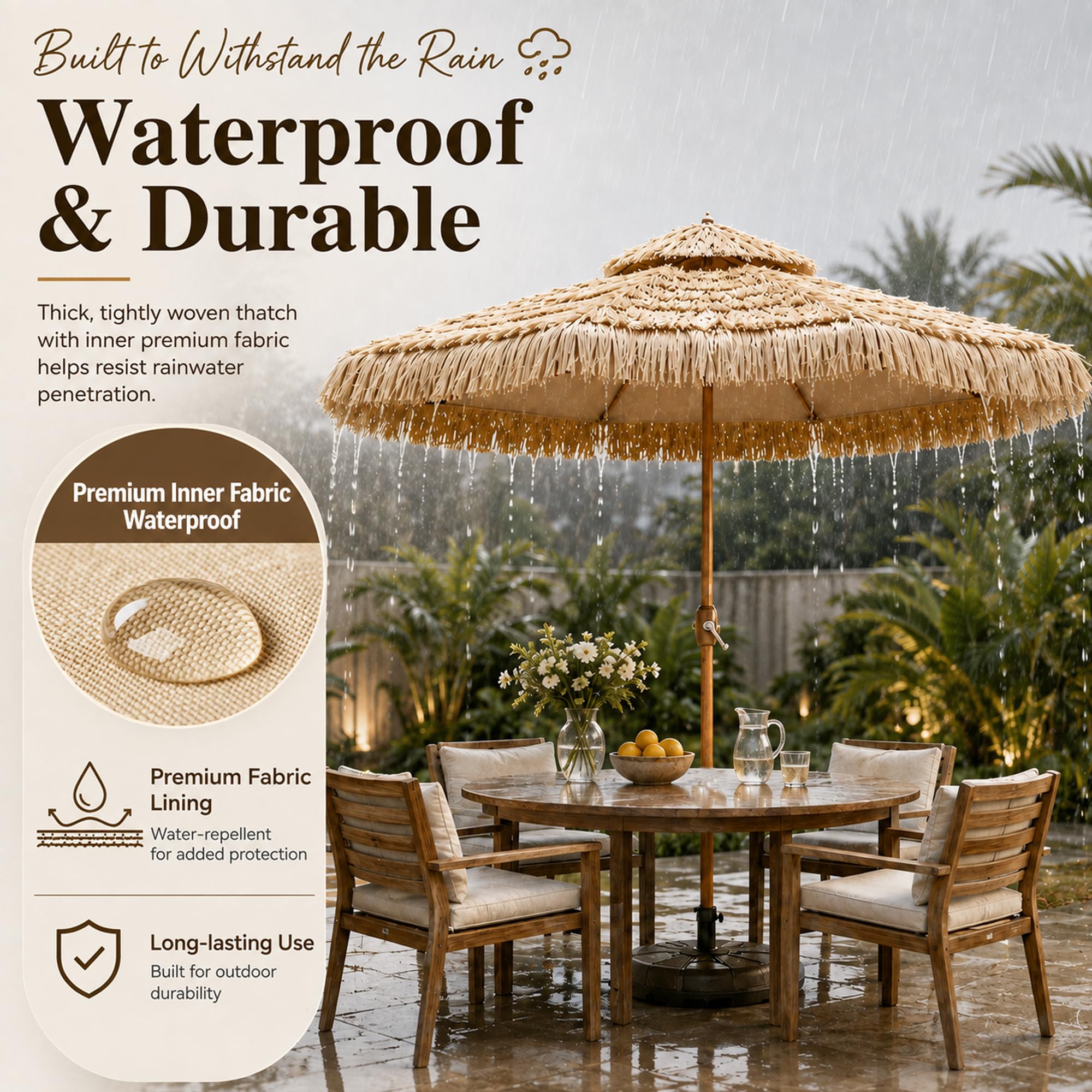 Parasol à Franges avec Pied, Grand Parasol de Plage Style Chaume