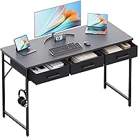 Vista 9 de Pamray Escritorio pequeño para computadora de 32 pulgadas con 2 cajones para dormitorio, estudio, escritura, mesa de oficina en casa para espacios
