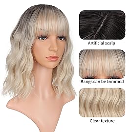 VCKOVCKO Short Bob Wigs Black-gold gradient Wavy With Air Bangs Women\'s Shoulder Length Wigs Curly Wavy Synthetic Cosplay Wig Pastel Bob Wig for Girl (12, Black-gold gradient)