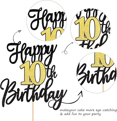 Miniatura 2 de 1 PCS Decoración para Pastel Feliz Cumpleaños Número 10 Negro Dorado con Purpurina Brindis por 10 Años Selección de Pastel de Cumpleaños 10 Fabuloso