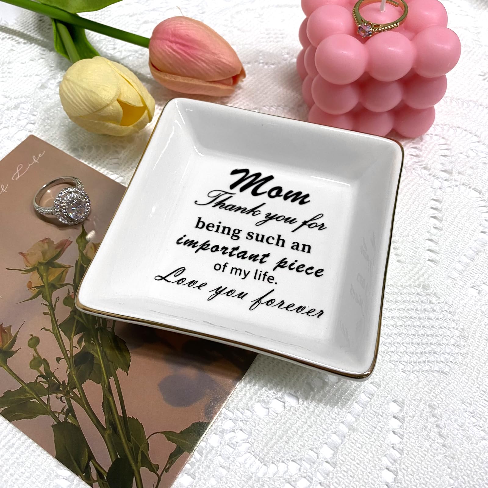 Zhuboji Jewelry Dish For Mom – Ceramic Jewelry Tray With Gold Rim, Mother’s Day, Birthday, Christmas Gift From Daughter Or Son