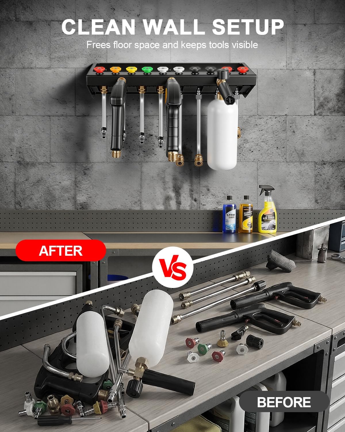 Pressure Washer Gun Holder with 1/4 Inch Quick Connector, Wall Mount Organizer for Foam Cannon, Nozzles and Extension Wands