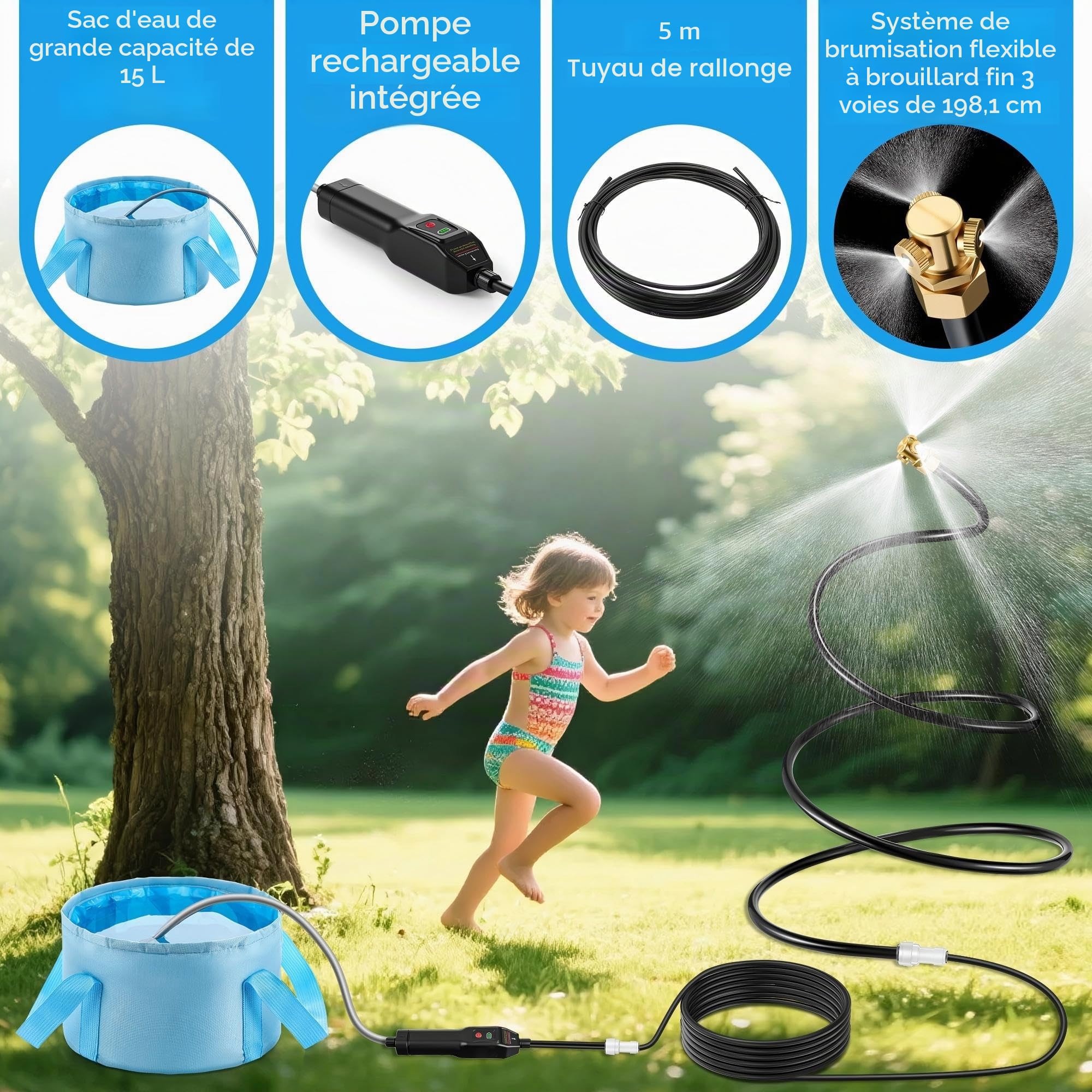 Système de brumisation portable avec pompe à eau, brumisateur d'extérieur avec sac d'eau de 15 L, brumisateur de refroidissement à 3 voies, système de brumisation de tuyau pour refroidissement en