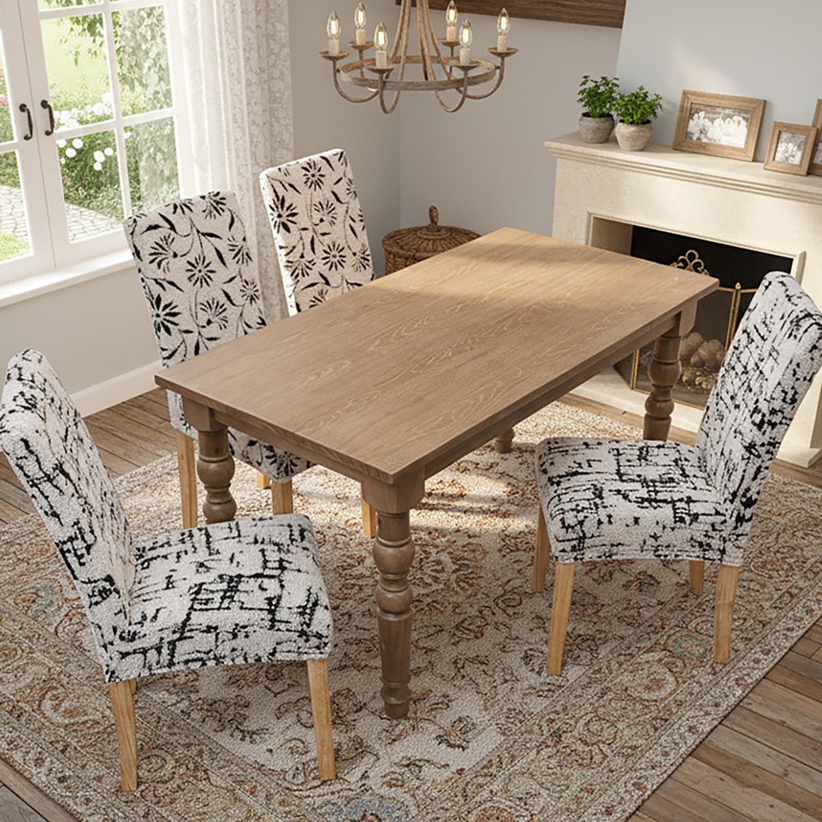 Bedruckte Stuhlhussen für Esszimmerstühle Set, Stretch-Stuhlhussen für Küchenstühle, Abnehmbare Stuhlhussen, für Hochzeiten, Hotels, Bankette und Büros(Black-White,6 pcs)