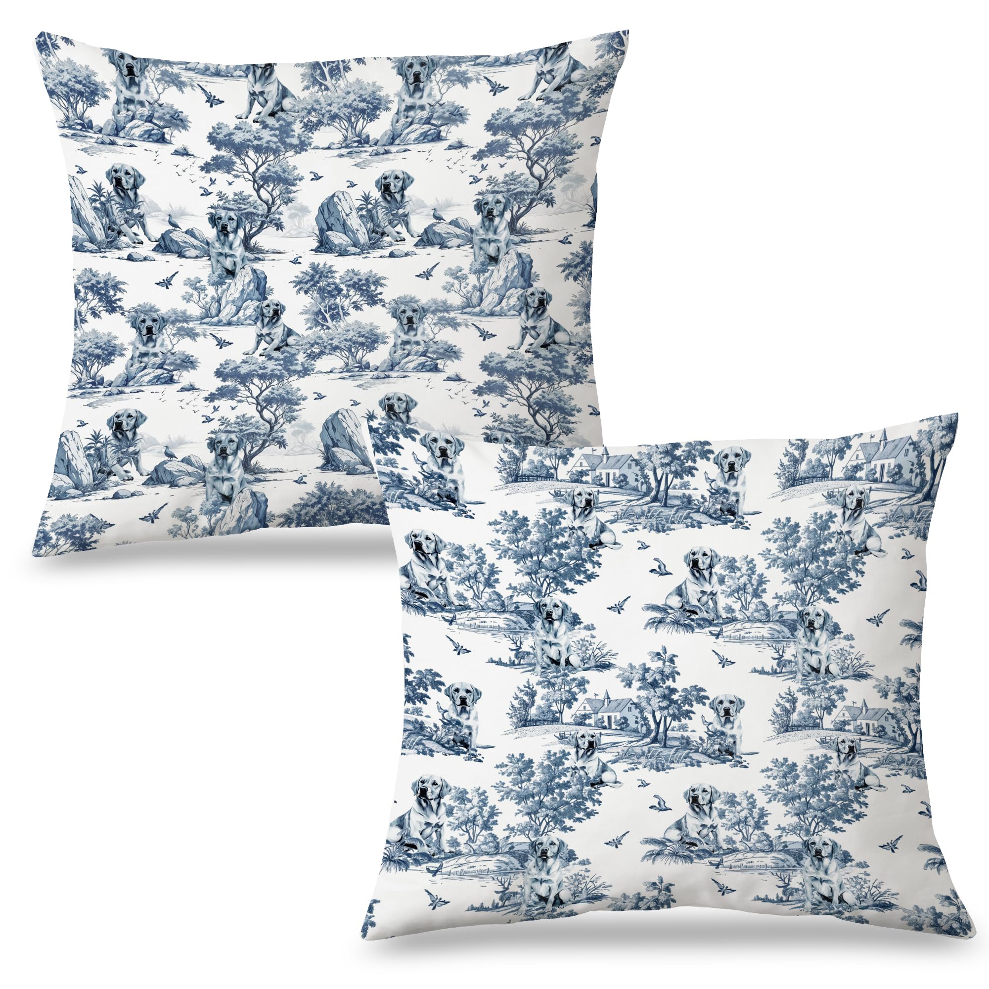 Exqcom Blue and White Chinoiserie Labrador Retriever Pillow Covers 18x18 Set of 2 French Country Toile de Jouy