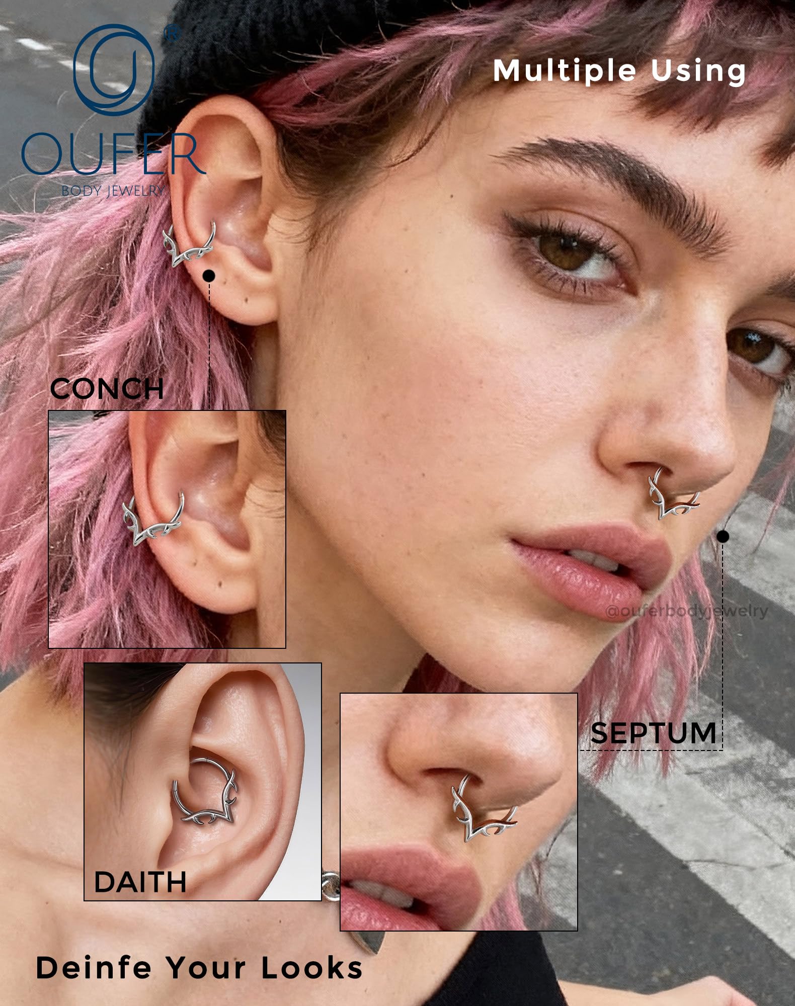 OUFER 16g Septum Rings, Blade Wings Septum Jewelry, V Shape Hinged Segment Clicker, Hypoallergenic Surgical Steel Nose Rings Hoops, Helix Daith Tragus Conch Piercing Jewelry for Women Men Silver/Gold: Silver 16G 10MM