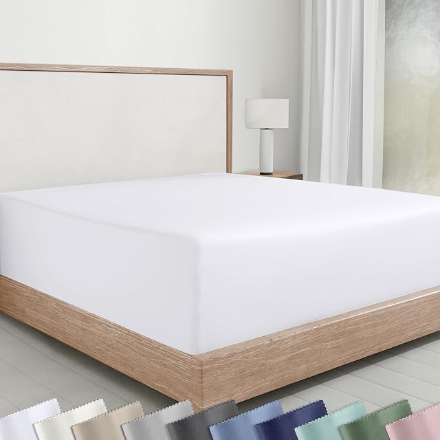 California Design Den 100% Coton Fit Sheet Queen Size, Deep Pocket, Durable Sateen, Tout-Around Élastique, Tête/Foot Side Indicators, White Fitted Sheet Reine seulement