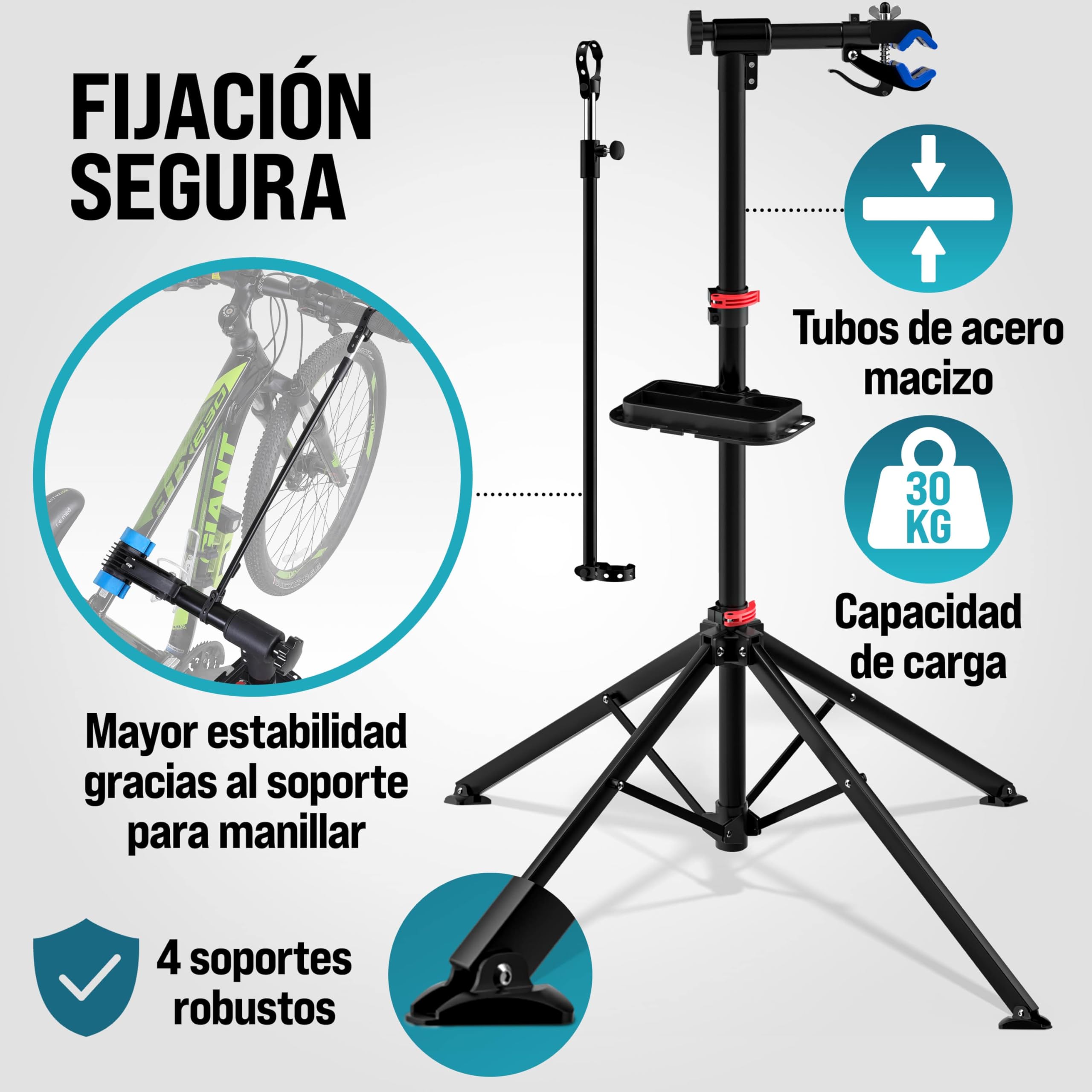 MONZANA® Caballete para Bicicleta Plegable Soporte Montaje Altura Regulable 108-190cm Barra Telescópica Giratoria 360° Estable con Bolsa Carga hasta 30Kg