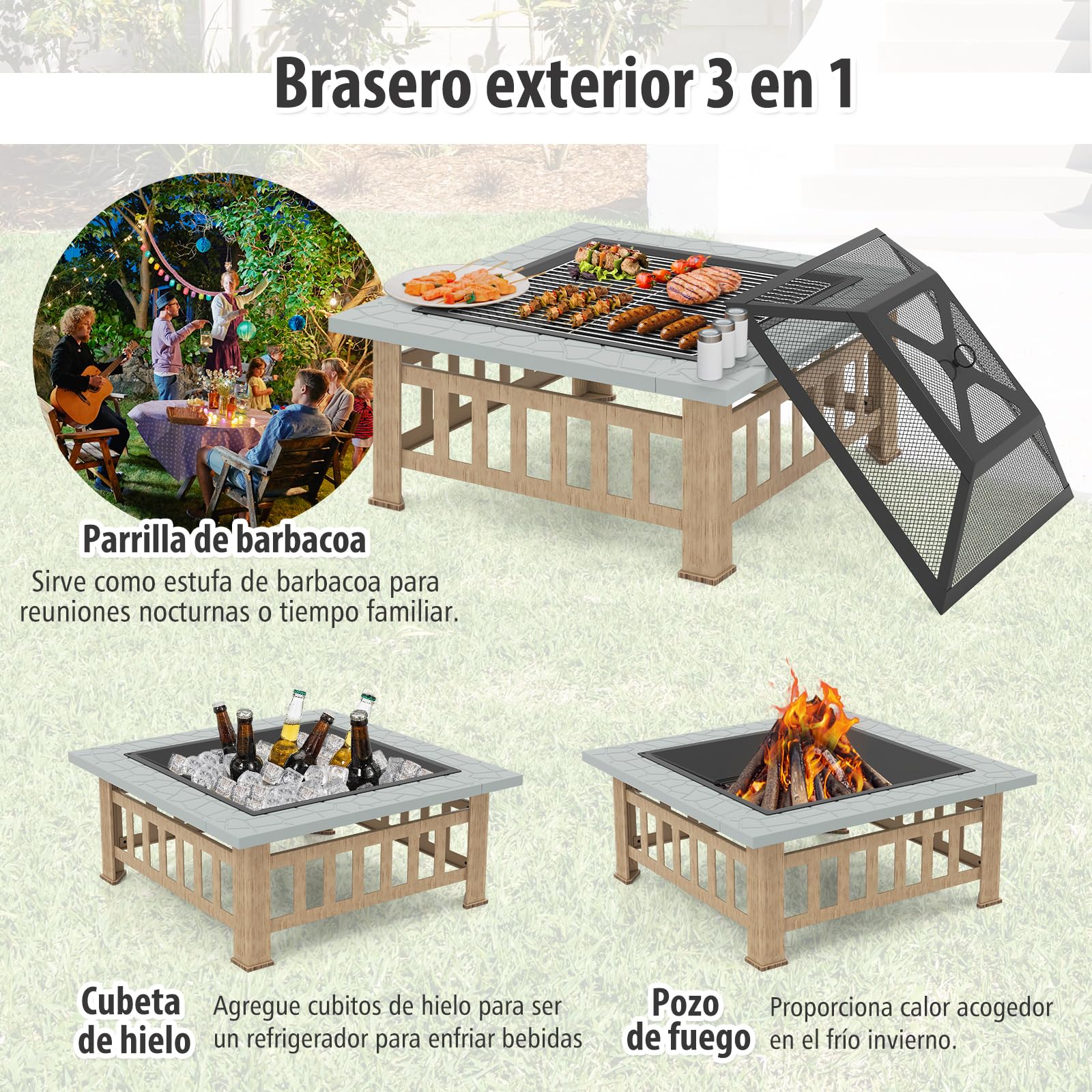 GYMAX Brasero Exterior para Jardín 3 en 1 con Parrilla de Metal con Ventilador y Tapa para Calefacción o Barbacoa al Aire Libre, Camping, Fiesta, Hoguera al Aire Libre (Plata+Negro)