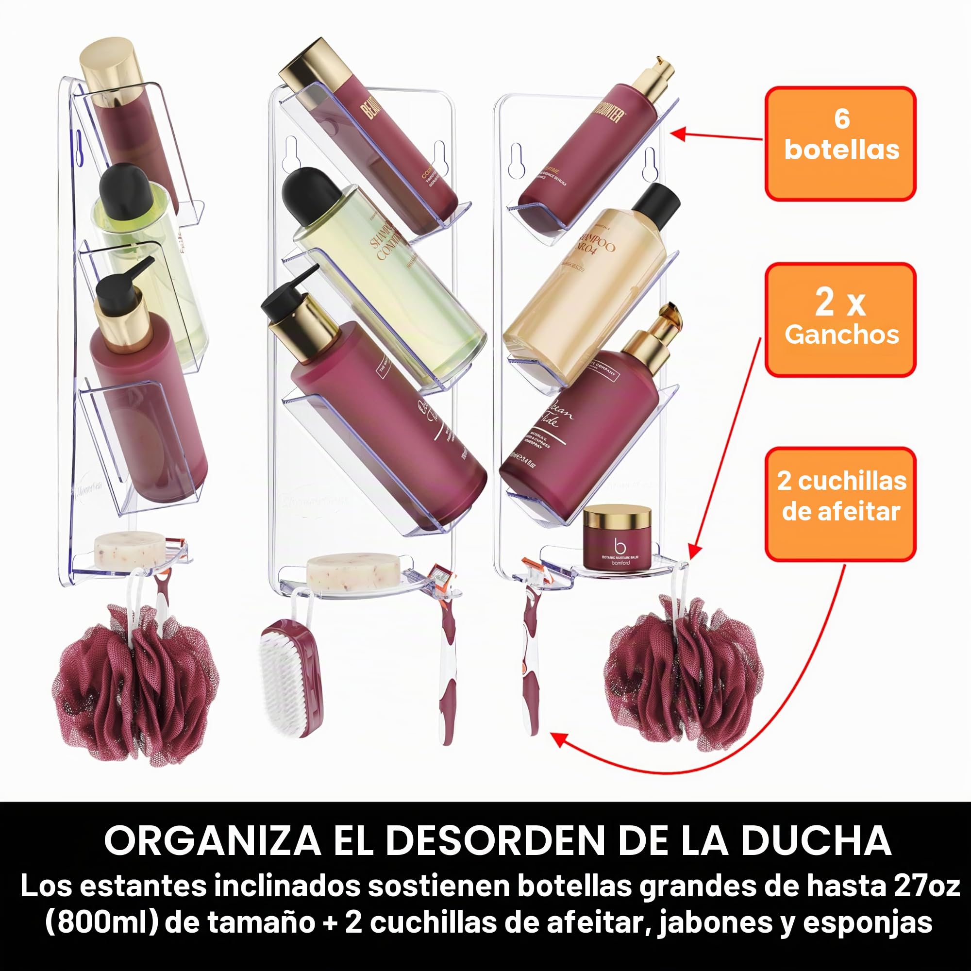 ShowerGem Estanteria Ducha Sin Taladro o Tornillos para Baño - Adhesivo Estantería Organizador con El Gancho Colgante para El Champú y Jabón - Fácil de Limpiar y Mantener