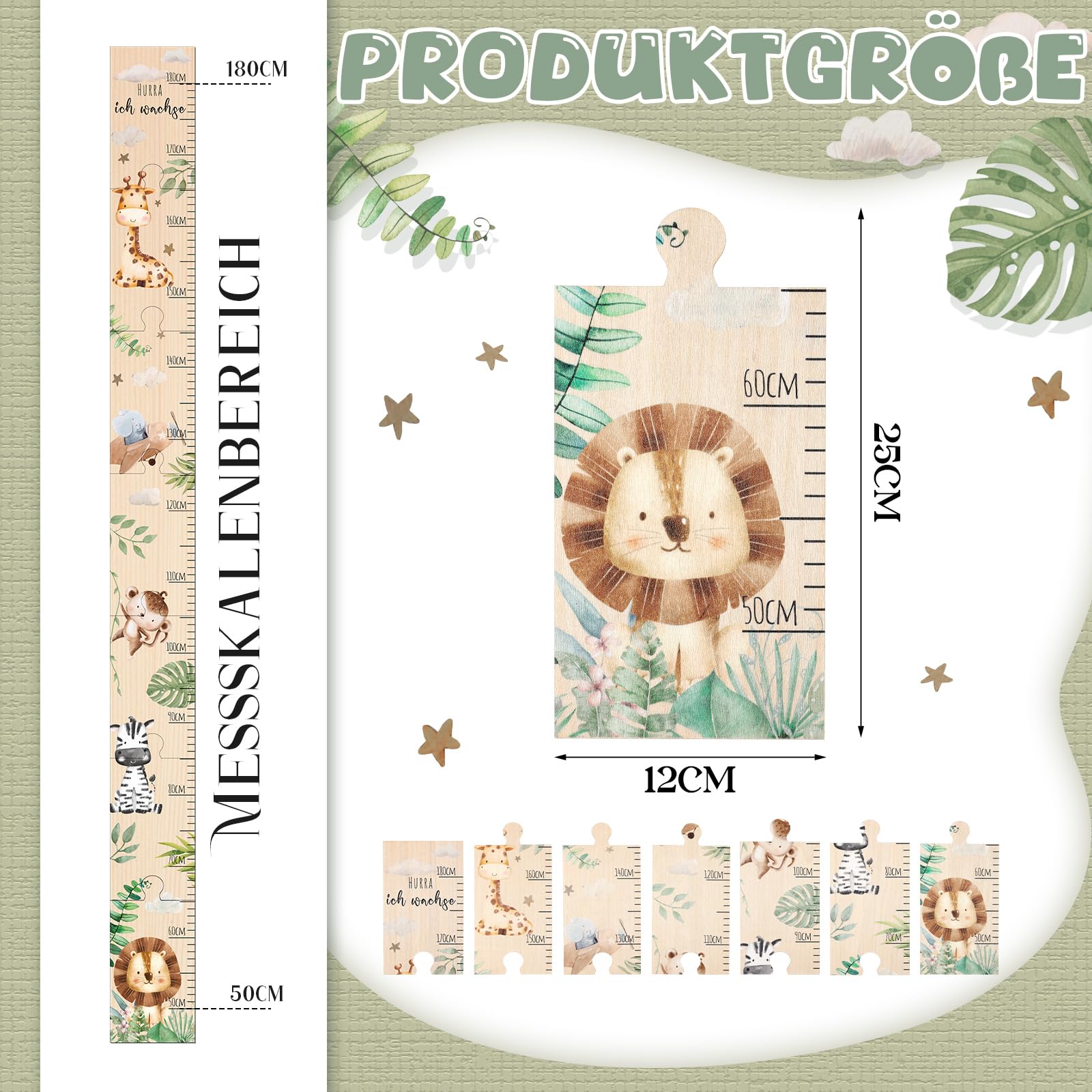 Toises pour Bébé Toise pour Enfant en Bois Tableau de Mesures pour Bébé Cadeau de Naissance Toise Murale Hurra Ich Wachse Décoration de Chambre(Animaux de Forêt)