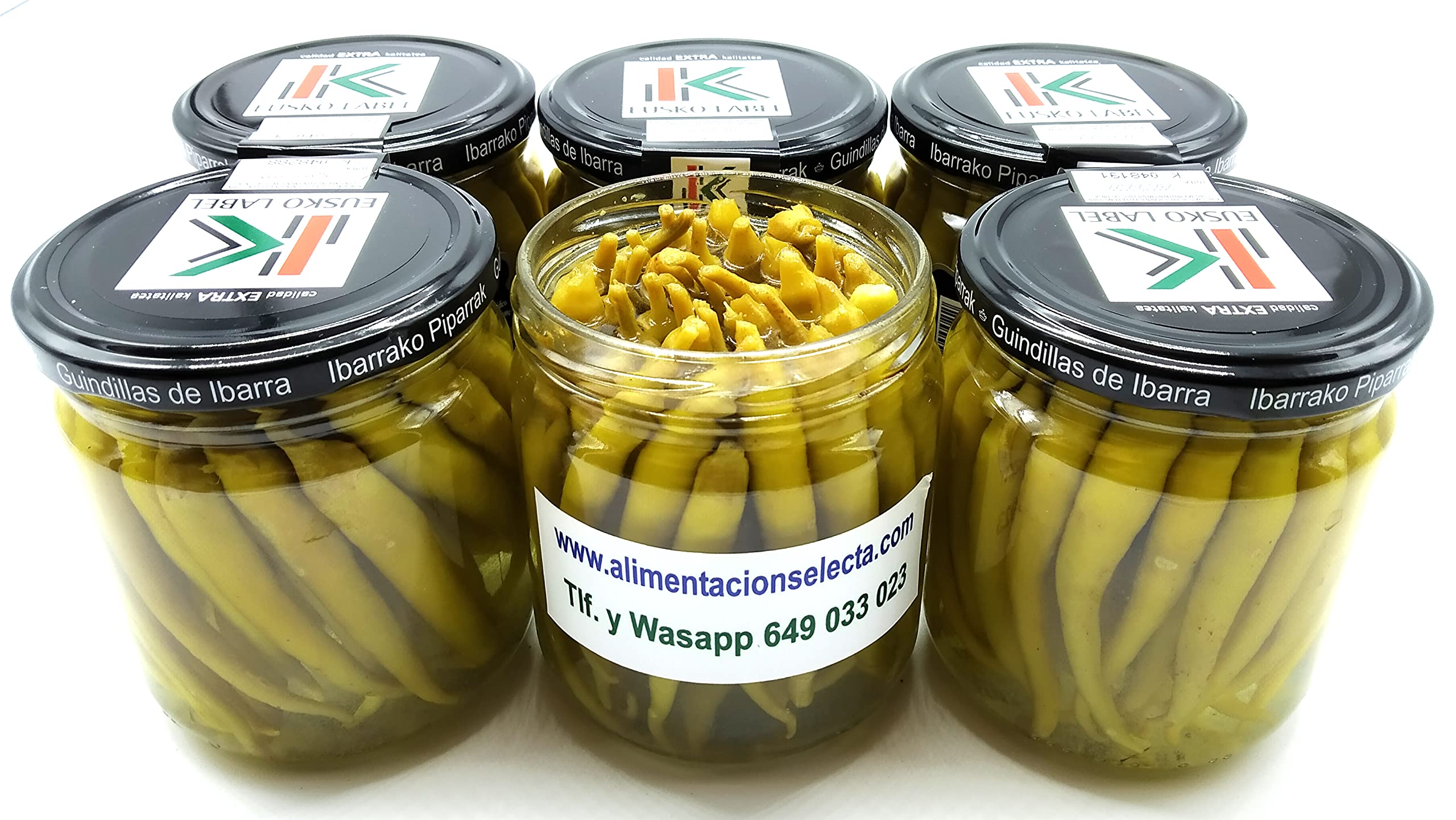 Guindillas de Ibarra ó Piparras de Ibarra 6 Tarros de Cristal de 315gr netos con las Mejores Guindillas de Ibarra ó Ibarrako Piparrak para las Mejores Recetas y Pinchos