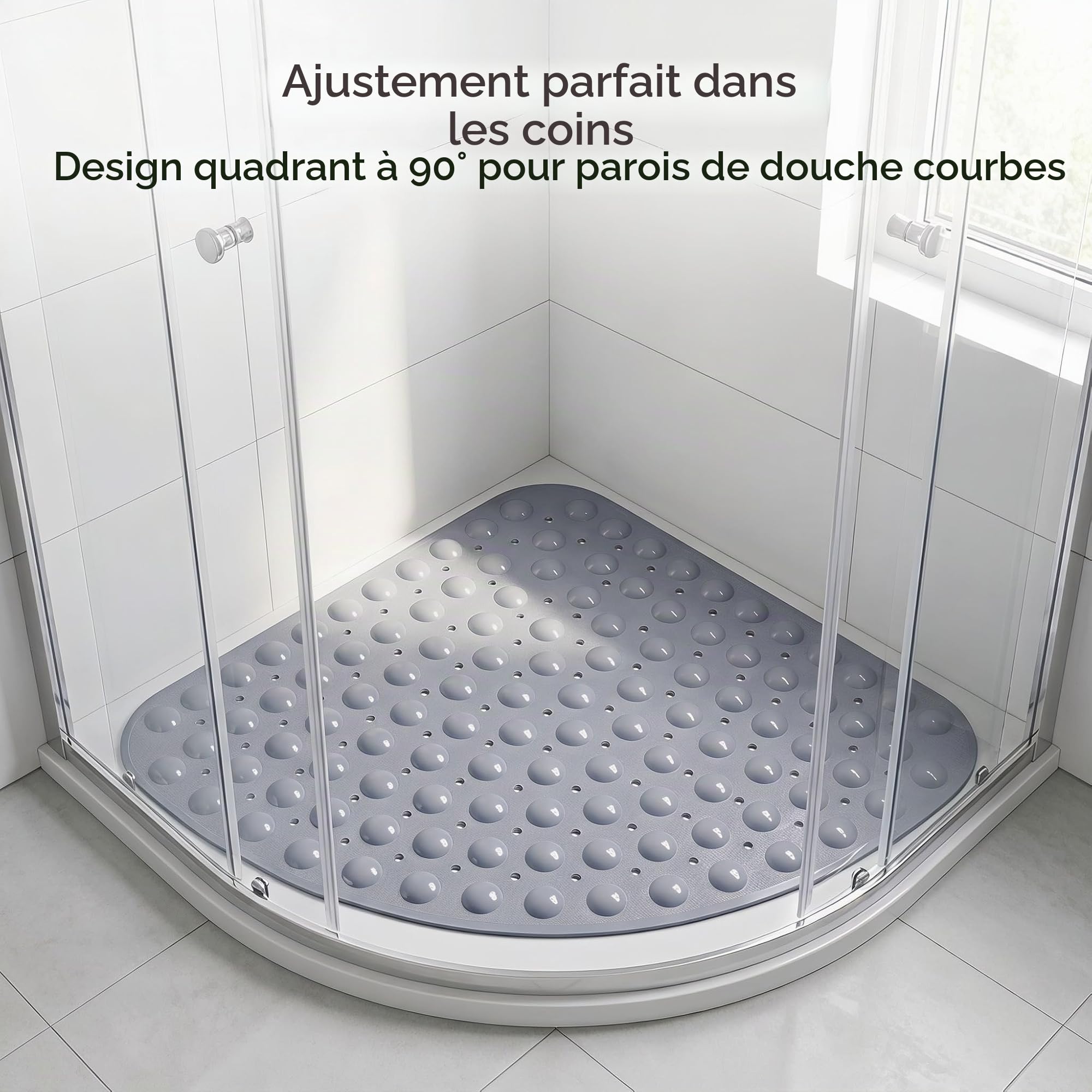 Tapis de Douche Antidérapant d'angle 70x70 cm Gris – Tapis de Bain en PVC avec Ventouses Puissantes et Trous de Drainage, Séchage Rapide, Anti-moisissure, Design Moderne, Lavable en Machine