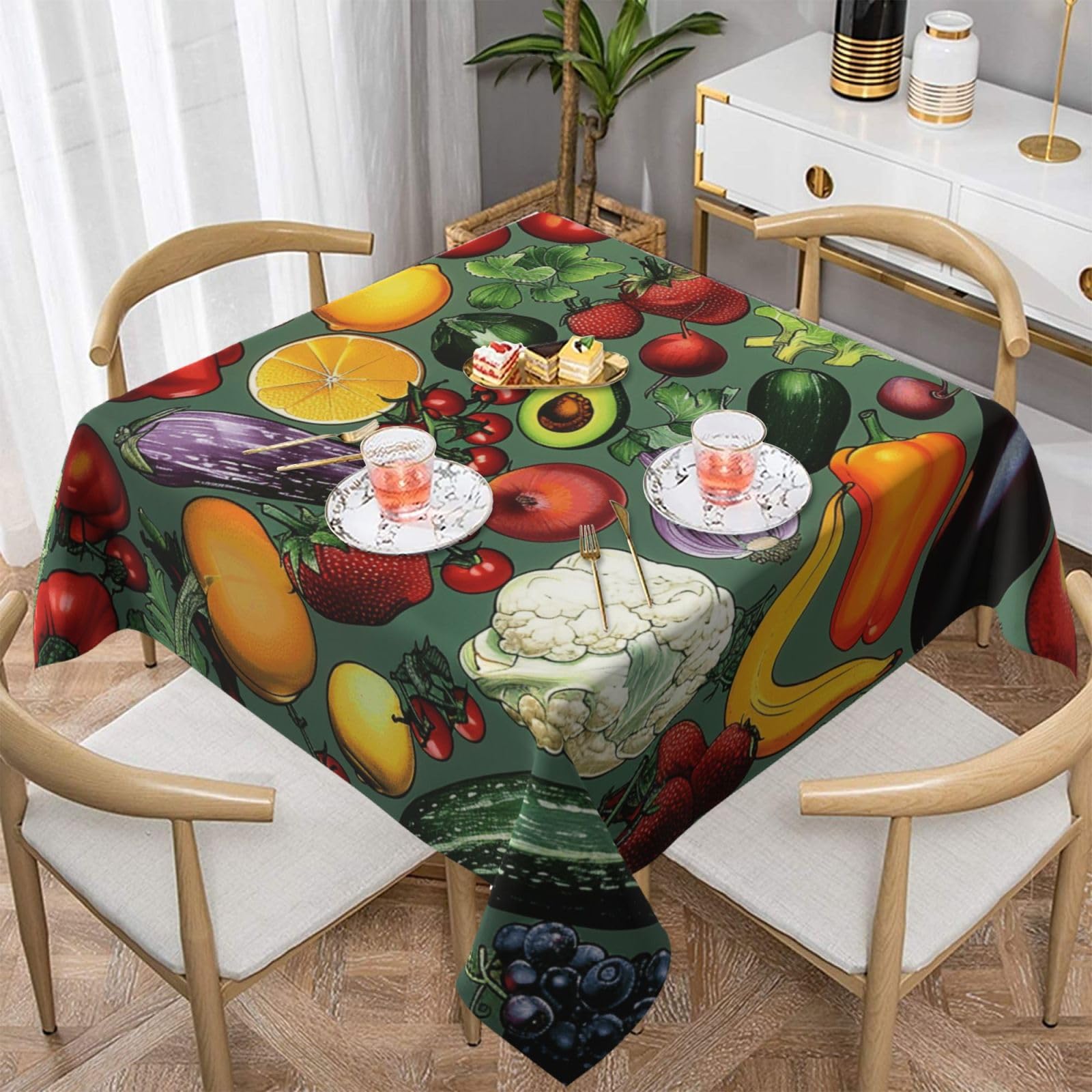 WPKJU Vegetable Fruit Printed Square Tablecloth 54x54 inch Water Resistant Table Cover Washable Rectangle Table Cloth for Dining Tables