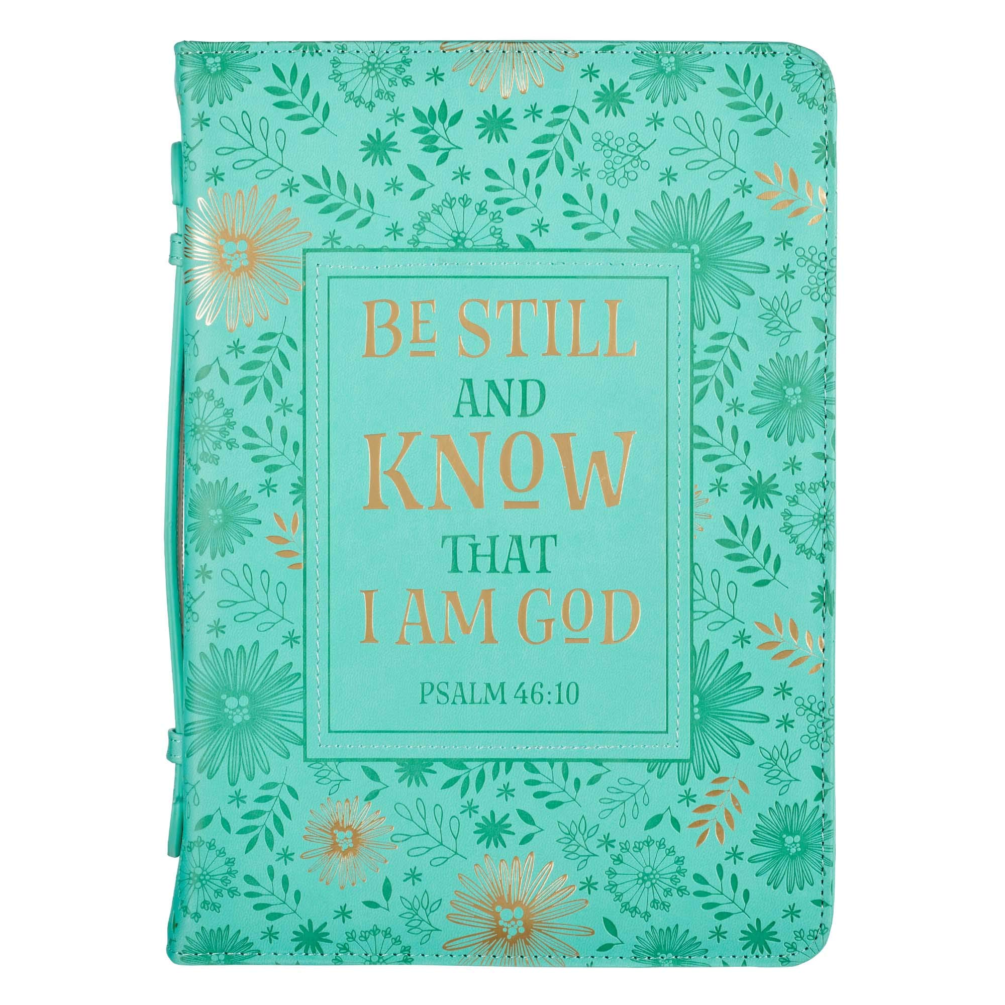 christian art gifts women's fashion bible cover be still and know psalm 46:10, turquoise/gold floral faux leather, large