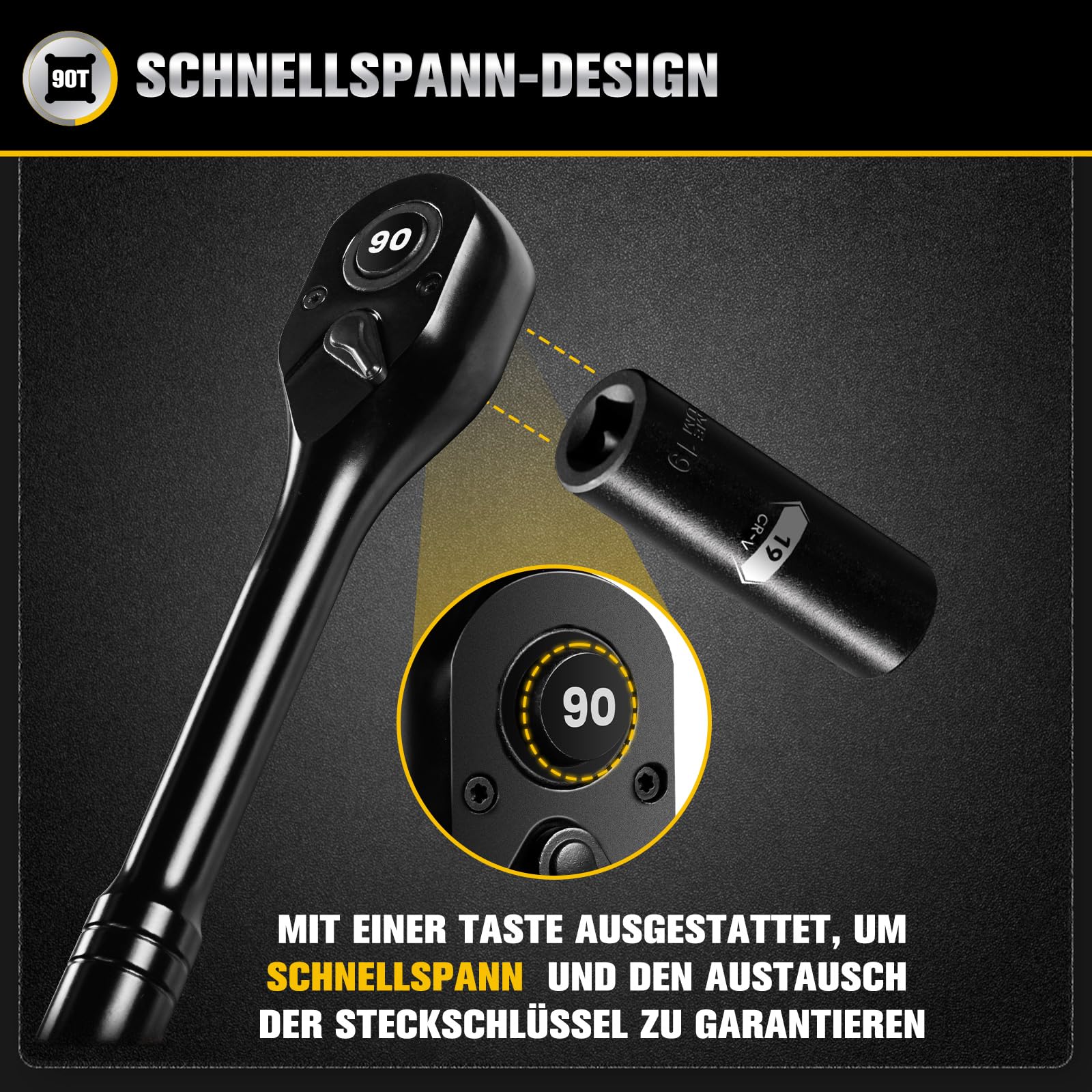 3-tlg. Umschaltknarre 1/4 zoll, 3/8 zoll, 1/2 zoll Antrieb Ratsche Knarre, 90 Zähne Ratschenschlüssel Ratschenset Mit Ergonomischer Griff und Schnellverschluss-Knopf