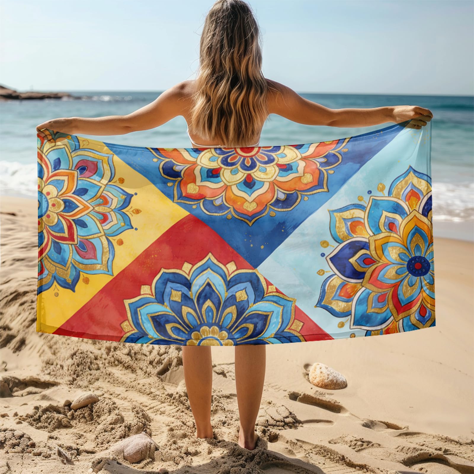 Fouta PlageFleur d'or Rouge Bleu Modèle Surdimensionné avec Diverses Tailles, Respirante et Portable, Parfaite pour Voyages Sorties Piscine et Usage Extérieur Quotidien 90x160 cm