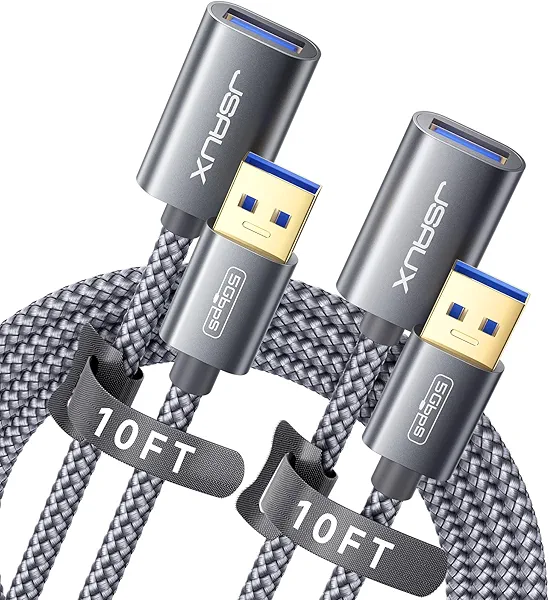 JSAUX 2Pack 10FT+10FT USB 3.0 Extension Cable, Type A Male to Female USB Extender Cord Nylon Braided Compatible with Webcam, Camera, Phone, USB hub, Mouse, Keyboard, Printer, Hard Drive, Xbox-Grey