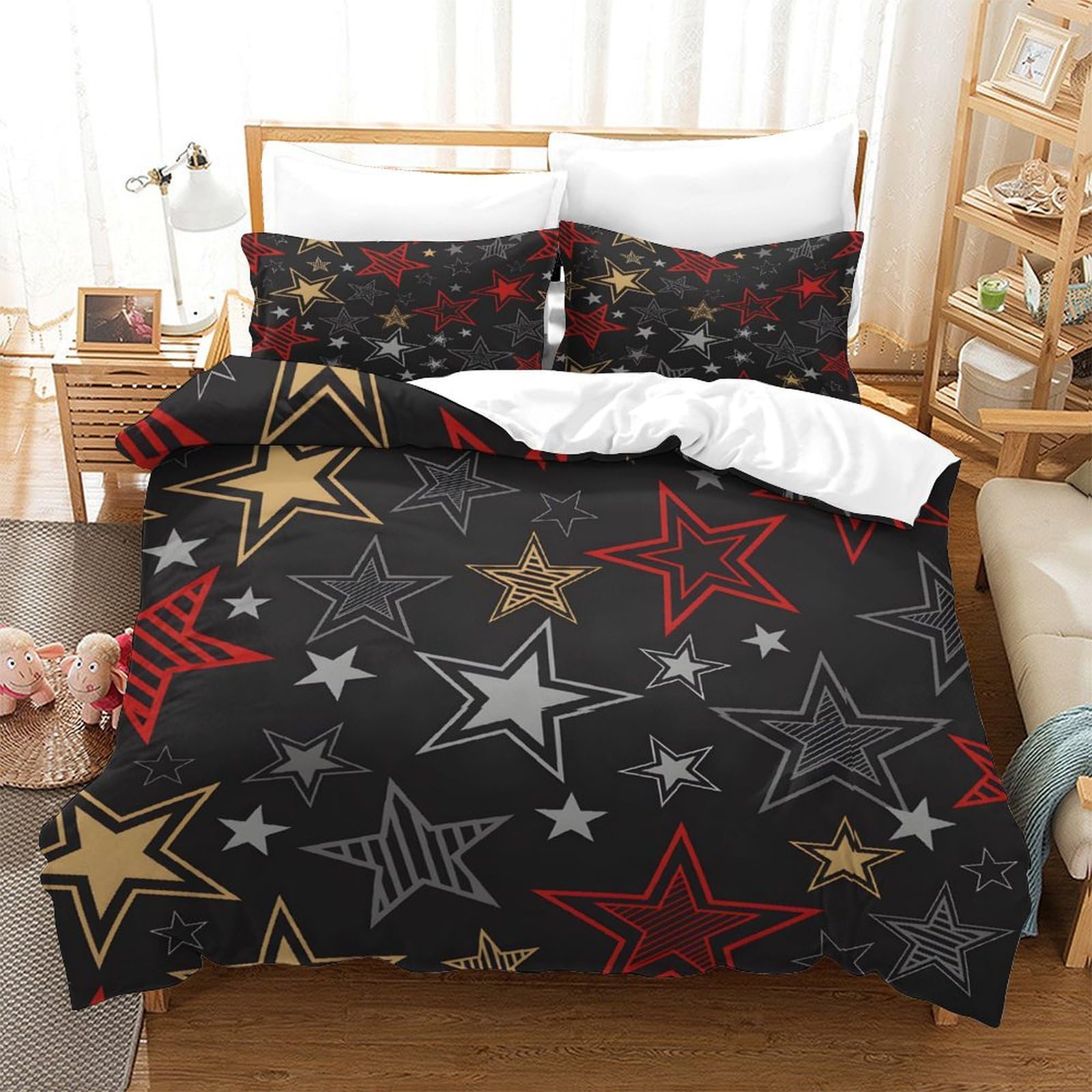 GDEKCIEAS Black And Red Stars Bedding Set Kids Comforter Cover Set for Boys Girls Teens Home Decor Duvet Cover Bedspread Cover 3Pcs Single（140x200cm）