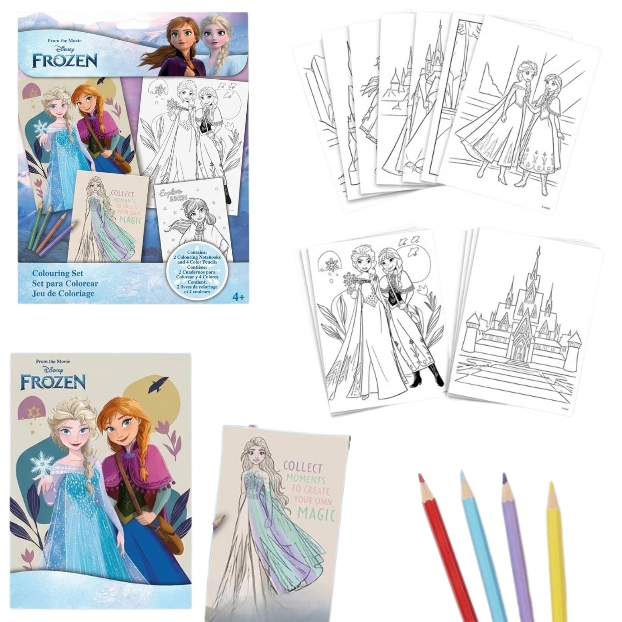 Disney Frozen Colouring Set for Kids | 2 Books A4 & A5 | 16 Double-Sided Colouring Pages | 4 Colourings Pencils | Arts & Crafts Activity Kit for Girls