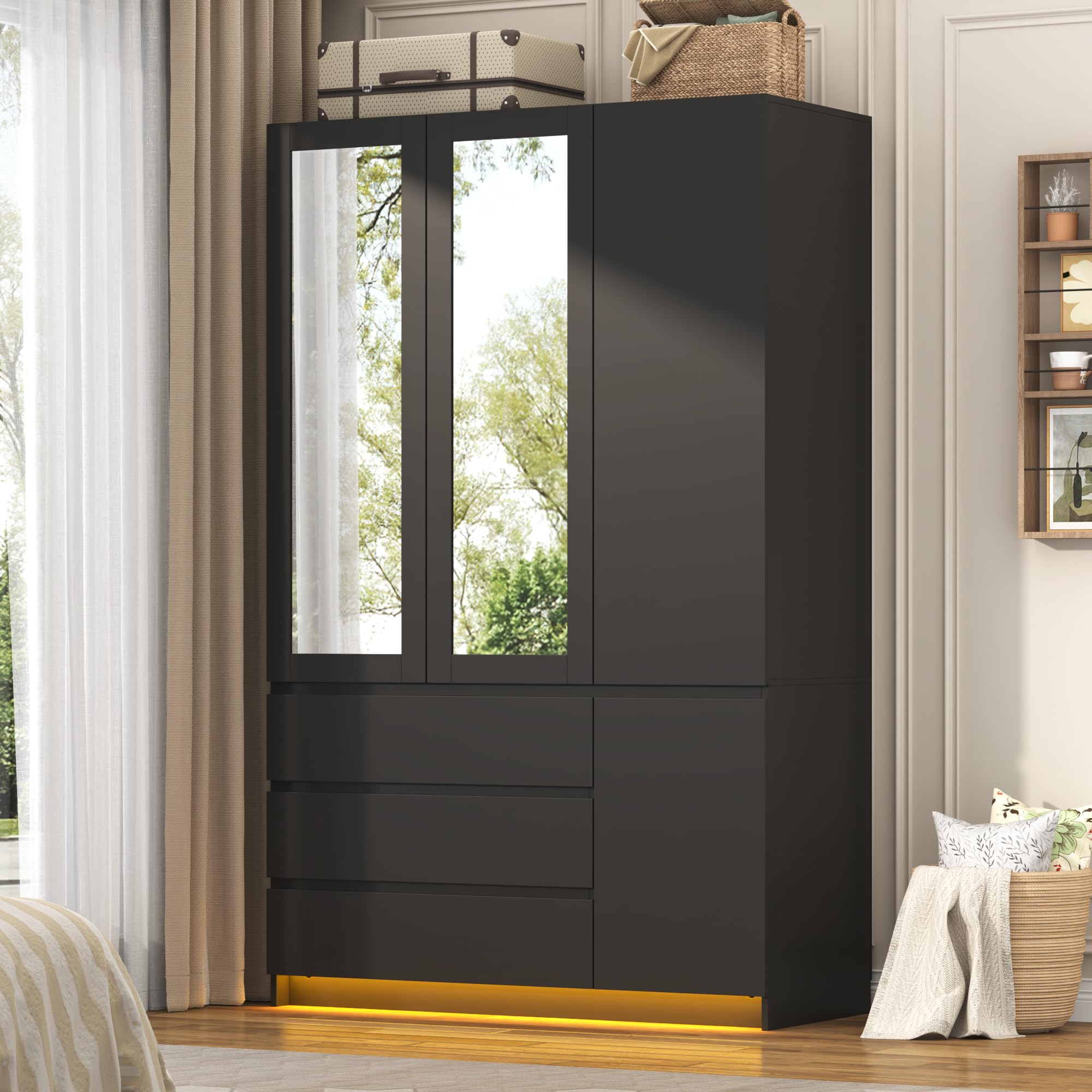 jiteentarou 3 Doors Armoire Wardrobe Closet with 3 Drawers & Mirror, Modern Wooden Bedroom Armoires with Hanging Rod Led Lights for Bedroom, Black