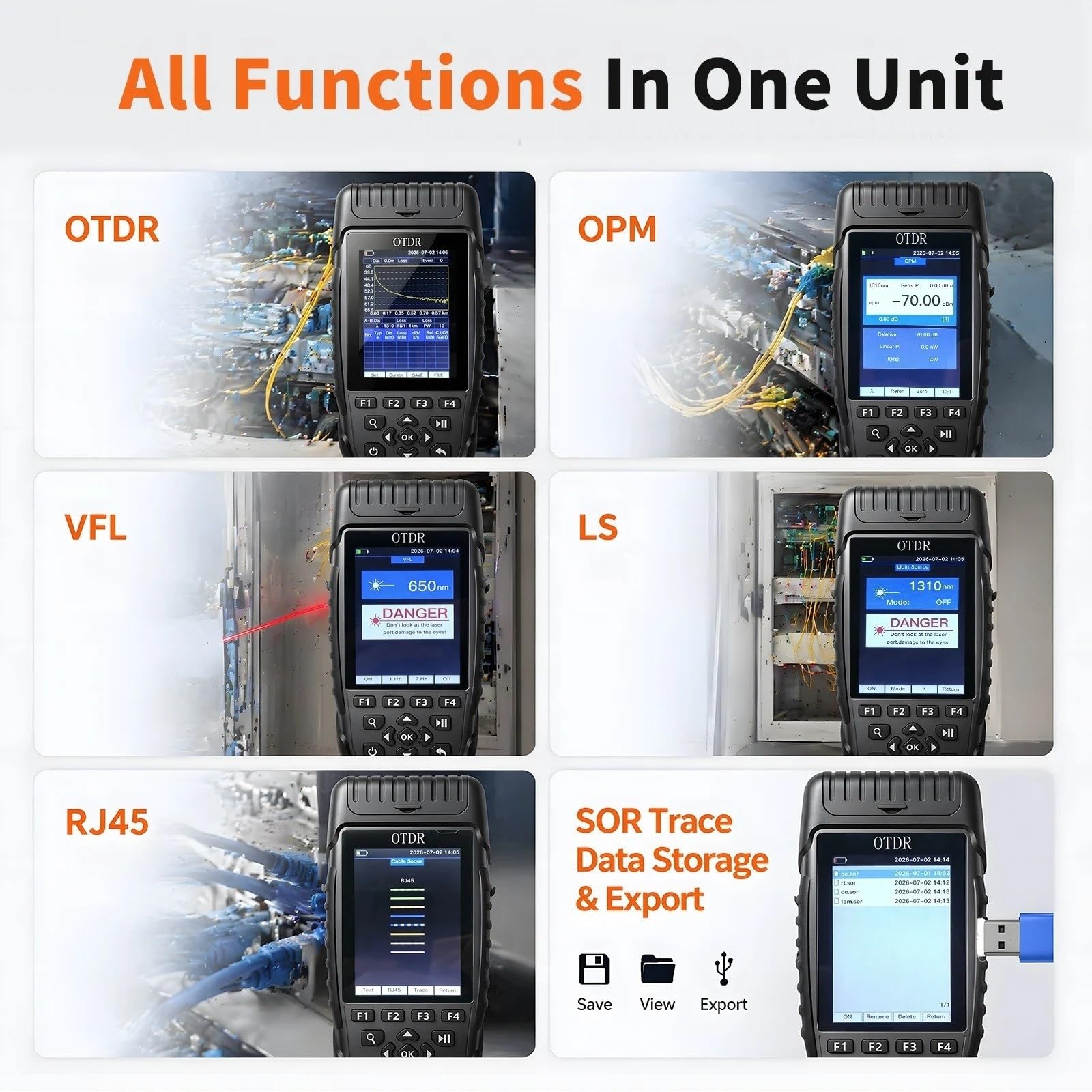 Tester per fibra ottica, Tester per cavi in ​​fibra ottica touch screen con riflettometro ottico multifunzionale nel dominio del tempo OTDR