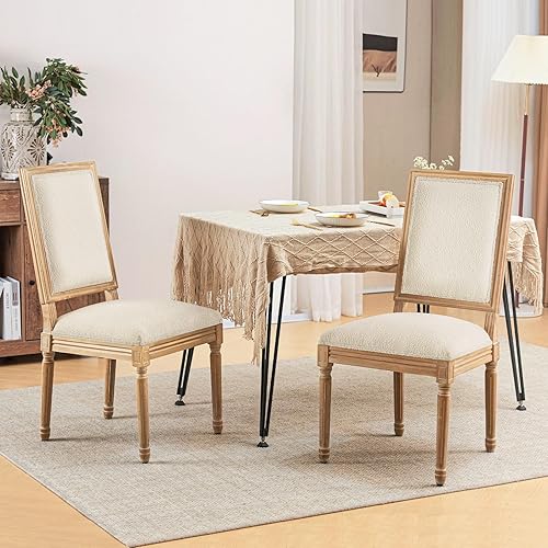 Miniatura 8 de Furniliving Juego de 2 sillas de comedor francesas de campo, sillas de comedor tapizadas de madera maciza con respaldo de tela de cordero, sillas de