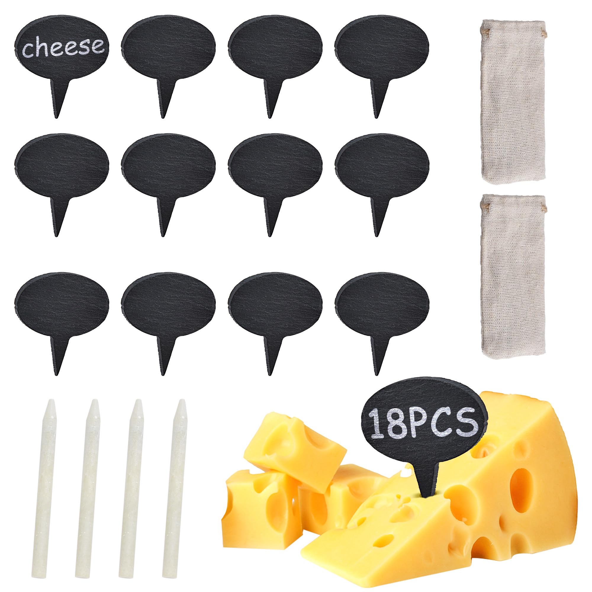 18PCS Cheese Markers for Charcuterie Board, Slate Cheese Labels Sign, Cheese Markers Set, Chalkboard Picks Cheese Name Tag Cupcake Toppers for Wedding Birthday Cocktail Parties Dinner Food