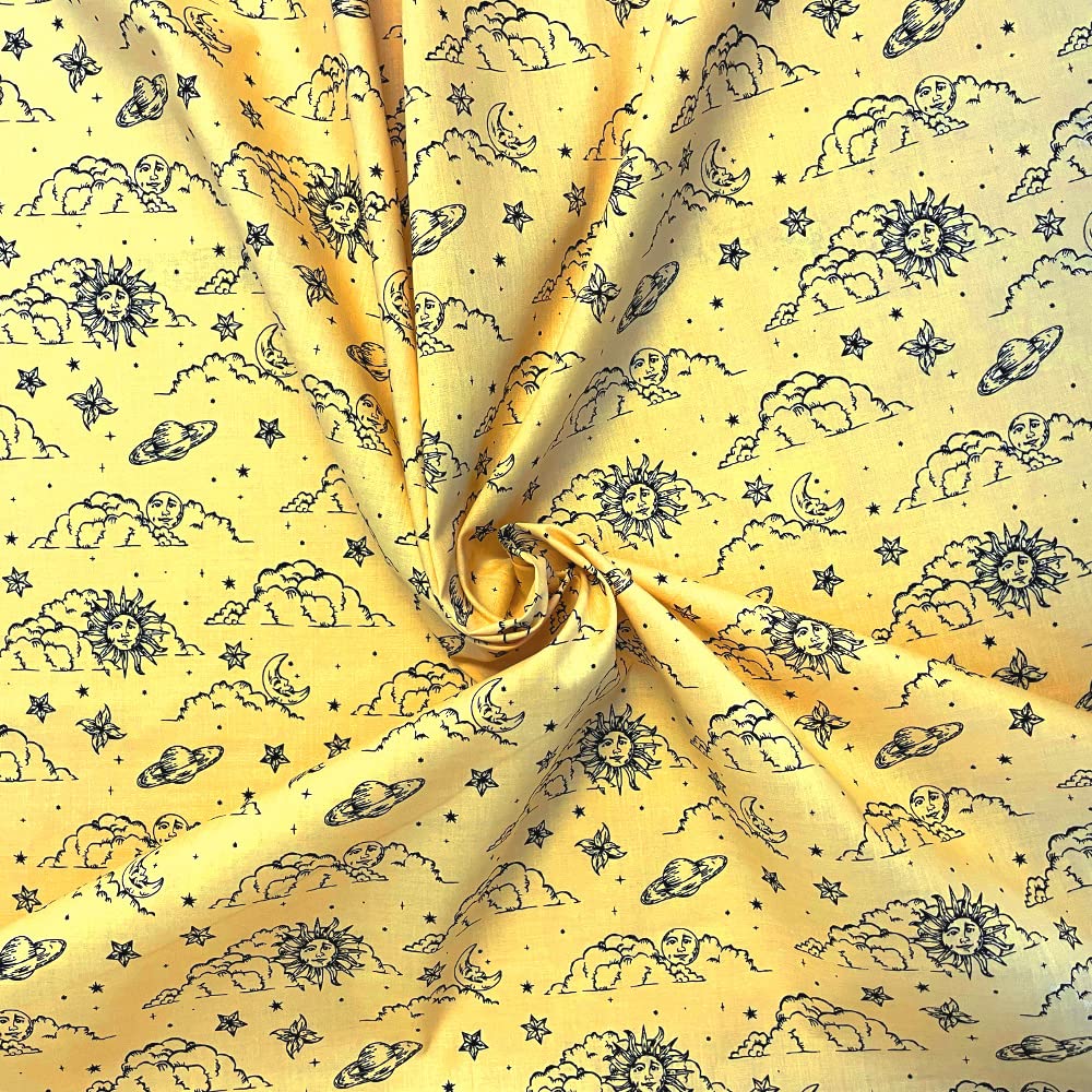 Oh Sew Crafty Limited Mustard Polycotton Fabric Astrology Moon Sun Clouds Stars Sky Space (Per Metre) (Mustard)