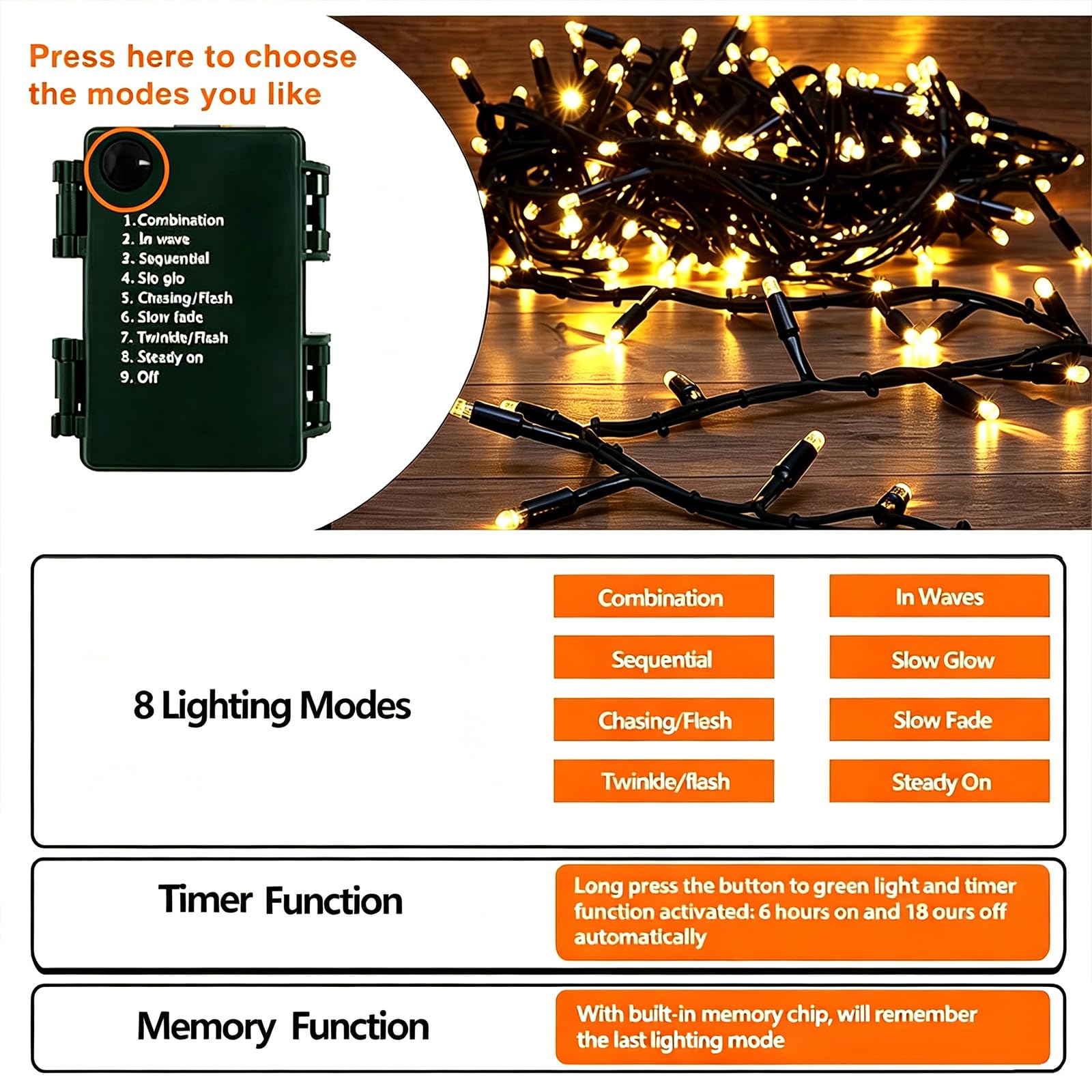 Lot de 4 guirlandes lumineuses de Noël de 40 m à piles pour intérieur/extérieur, minuterie et 8 modes avec fil vert, guirlande lumineuse étanche pour sapin de Noël, jardin (blanc chaud)