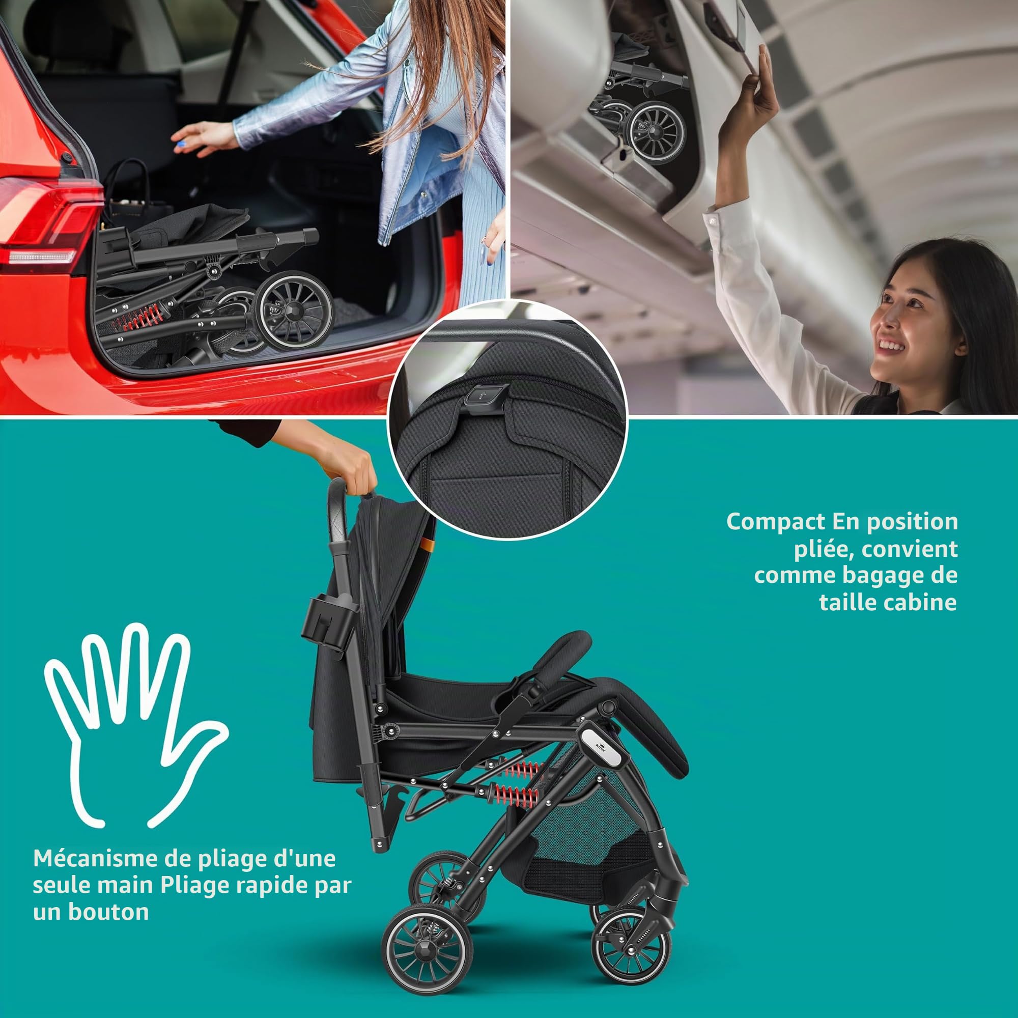 KIDIZ Poussette pliable pour enfant - Roues à 360° - Sangle à 5 points - Avec chancelière - Porte-gobelet, housse de pluie et moustiquaire - Dossier réglable et capote pare-soleil