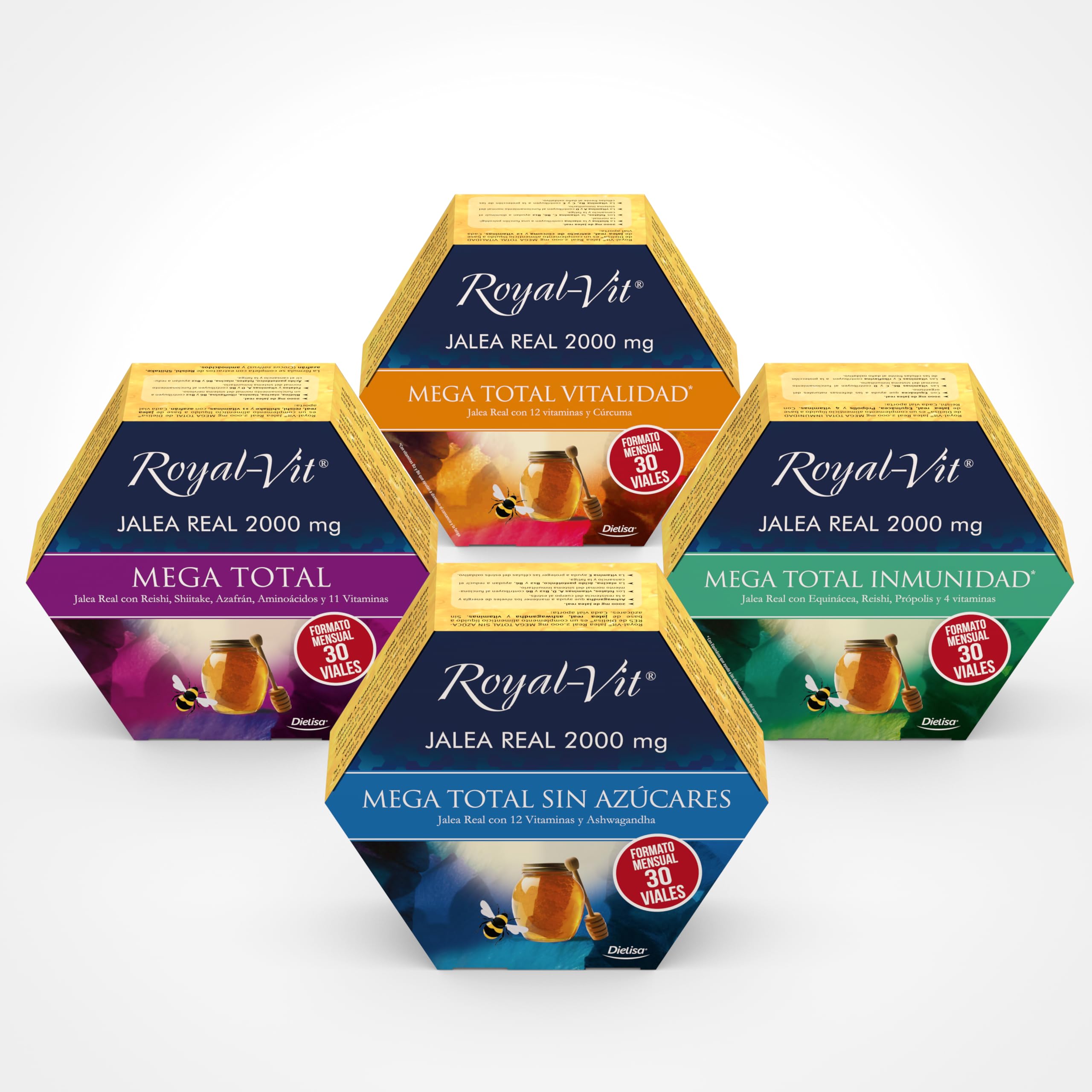 Royal Vit, Jalea Real 2000mg Mega Total Inmunidad, con 2000mg de Jalea Real, Reishi, Própolis y Equinácea que ayuda a las defensas naturales del organismo, Formato mensual - 30 viales