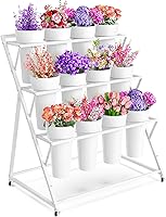 VGMiu 3-Tier White Metal Flower Display Stand with 12 Buckets & Swivel Wheels - Mobile Florist Cart for Weddings, Gardens, Home