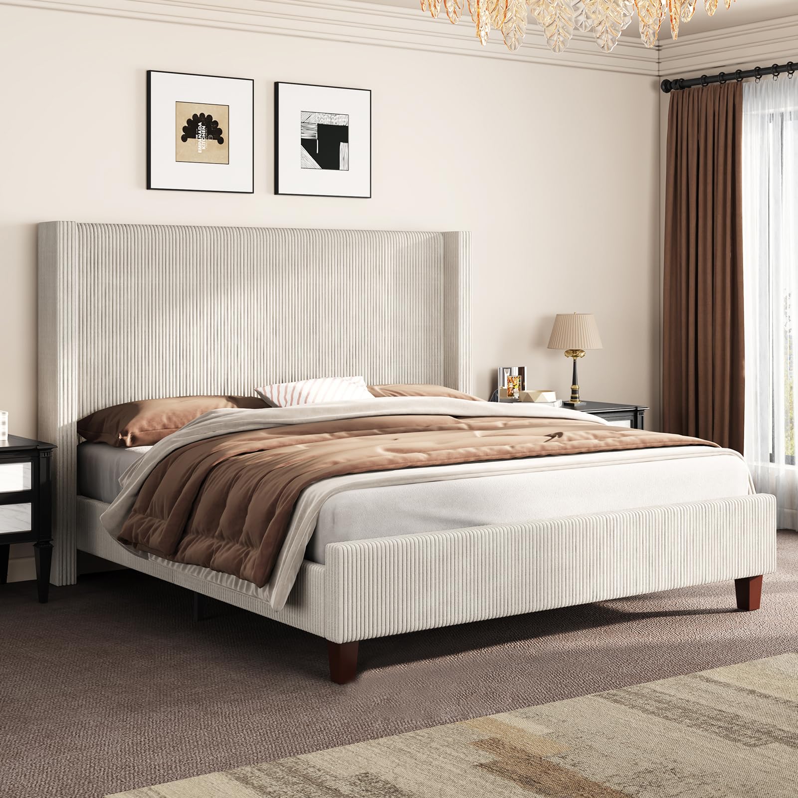 AMERLIFE  King  Size Upholstered Bed Frame with 50.8" Tall Headboard, Wingback Platform Bed with Solid Wood Legs, Wooden Slats, Corduroy/No Box Spring Needed/Noise Free/Cream