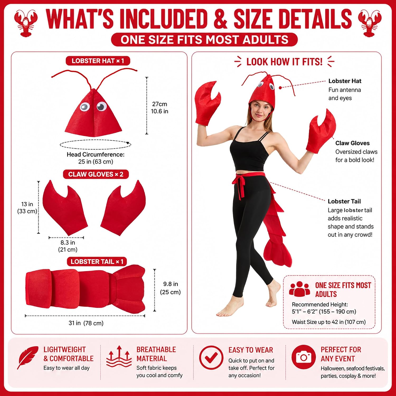 Lobster Crawfish Costume Set with Hat, Claws and Tail, One Size | Funny Lobster Crawfish Accessories Set for Teens and Adults, Halloween Parties, Seafood Festivals, Parades and Themed Events