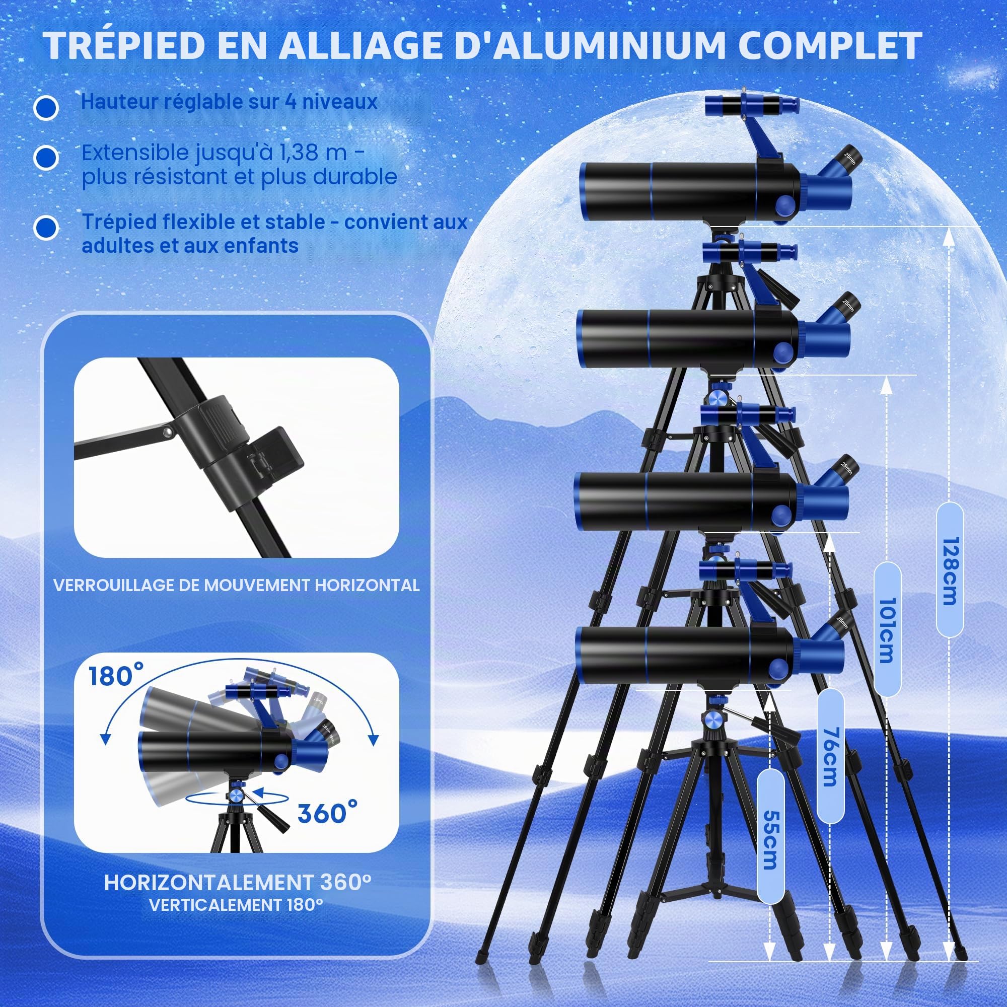 Télescope, 80 mm Ouverture 500 mm Telescope Astronomique Enfant et Adultes, Télescope de Voyage Compact et Portable pour Débutants avec Trépied, Adaptateur pour Téléphone, Sac à Dos et Autocollants
