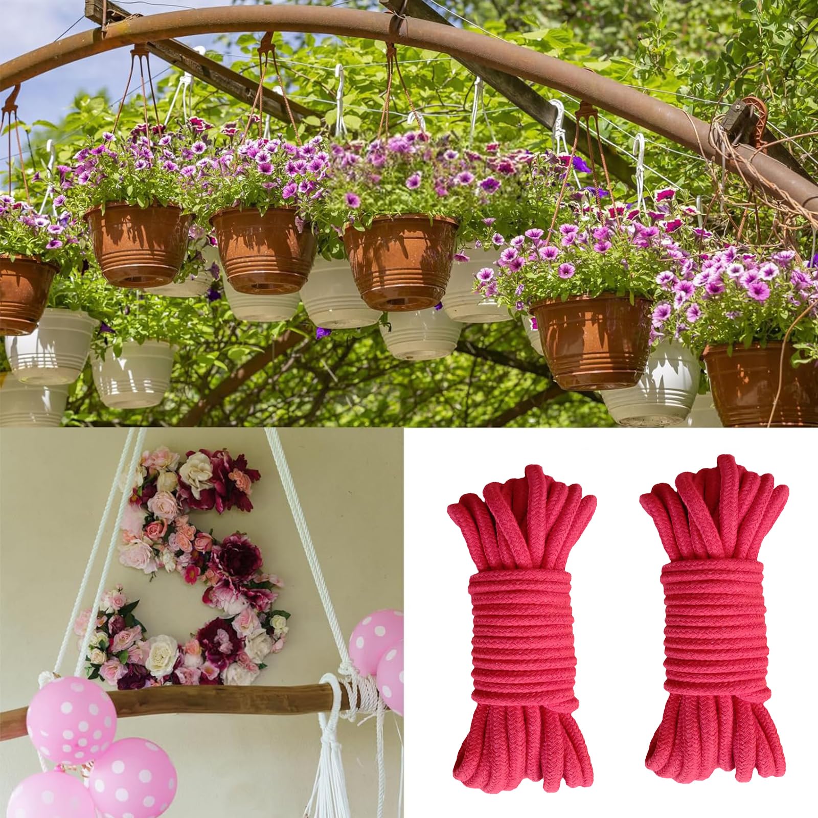 4 Piezas Cordón Retorcido de Algodón Grueso, 10 Metros de Largo, 8 mm de Espesor, Cuerda Trenzada para Tender Ropa, para Acampar, Jardinería, Canotaje, Tirar de la Cuerda, Mascota, Escalada (Rojo)