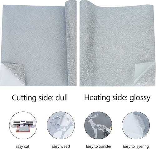 Miniatura 5 de guangyintong Rollo de vinilo de transferencia de calor plateado con purpurina para camisetas HTV de 12 pulgadas x 8 pies para planchar (J4-plata