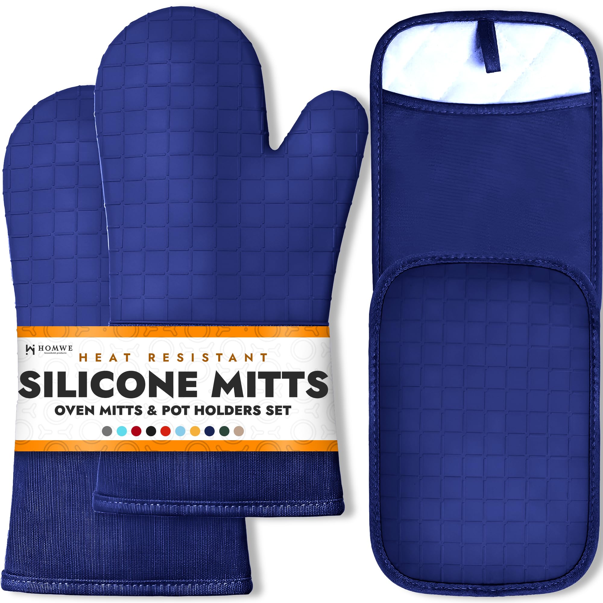 HOMWE Lot de 4 gants de cuisine en silicone - Robustes - En coton éponge doux - Résistance à la chaleur avancée - Poignée texturée antidérapante - Bleu marine