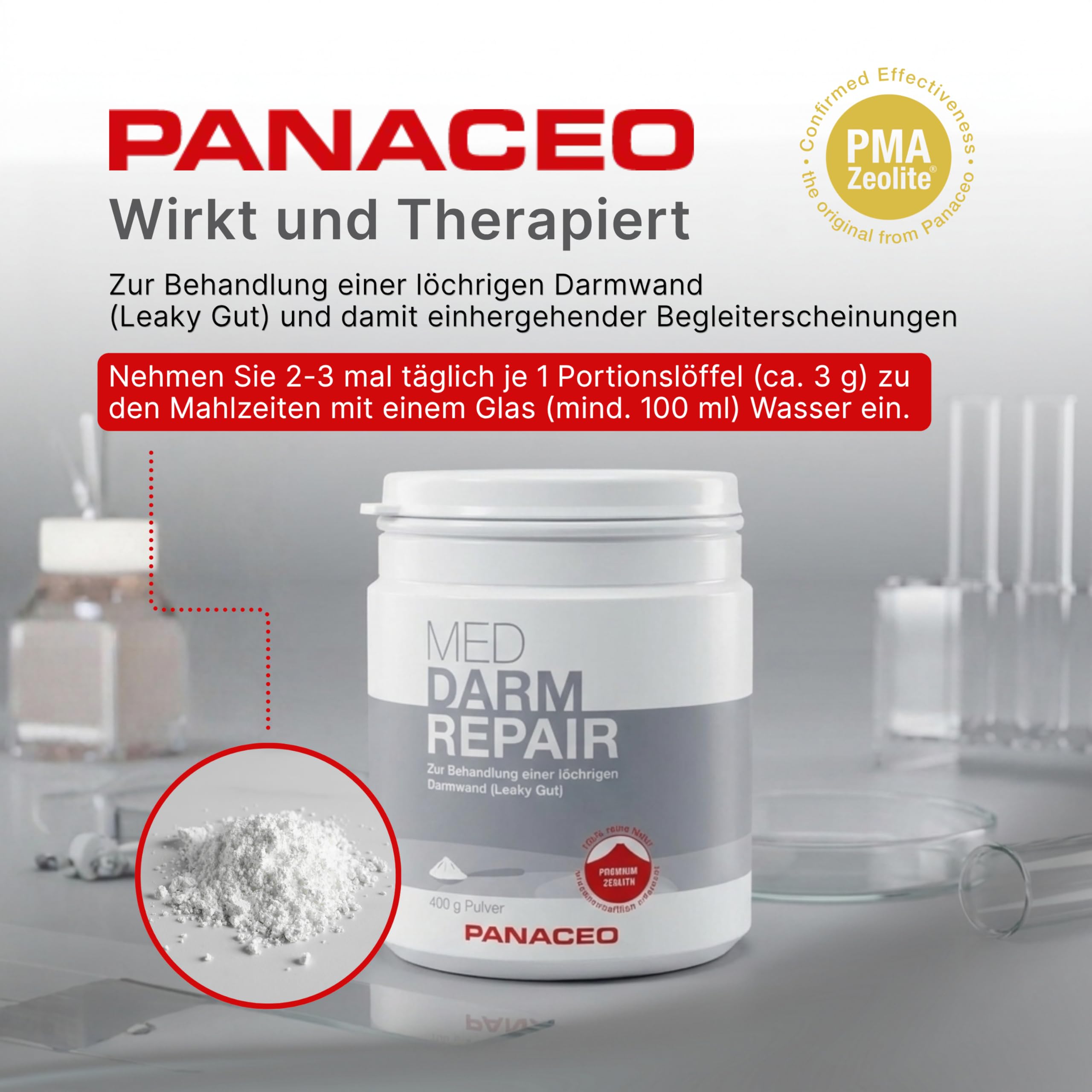 PANACEO MED DARM REPAIR Pulver mit PMA-Zeolith – Veganes Medizinprodukt bei Reizdarm, Leaky Gut & Darmbeschwerden, unterstützt Darmbarriere, Darmflora & Schadstoffbindung, 400 g